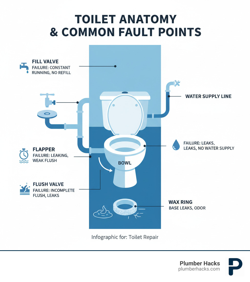 infographic showing the anatomy of a toilet including the tank, bowl, fill valve, flapper, flush valve, wax ring, and water supply line with labels indicating common failure points for each component - Toilet repair Columbus infographic 