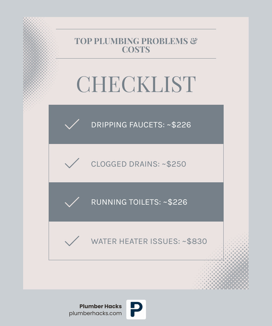 Infographic showing the 5 most common plumbing problems homeowners face: 1. Dripping faucets - average repair cost $226, 2. Clogged drains - average cost $250, 3. Running toilets - average cost $226, 4. Water heater issues - average cost $830, 5. Sewer line problems - average cost $2,500. Includes icons for each problem type and a note that the average plumbing repair costs $283. - find plumbing service infographic checklist-light-blue-grey