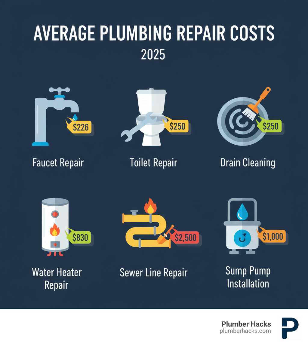 Infographic showing average plumbing repair costs: Faucet repair $226, Toilet repair $226, Drain cleaning $250, Water heater repair $830, Sewer line repair $2,500, Sump pump installation $1,000. - find plumbing service infographic 