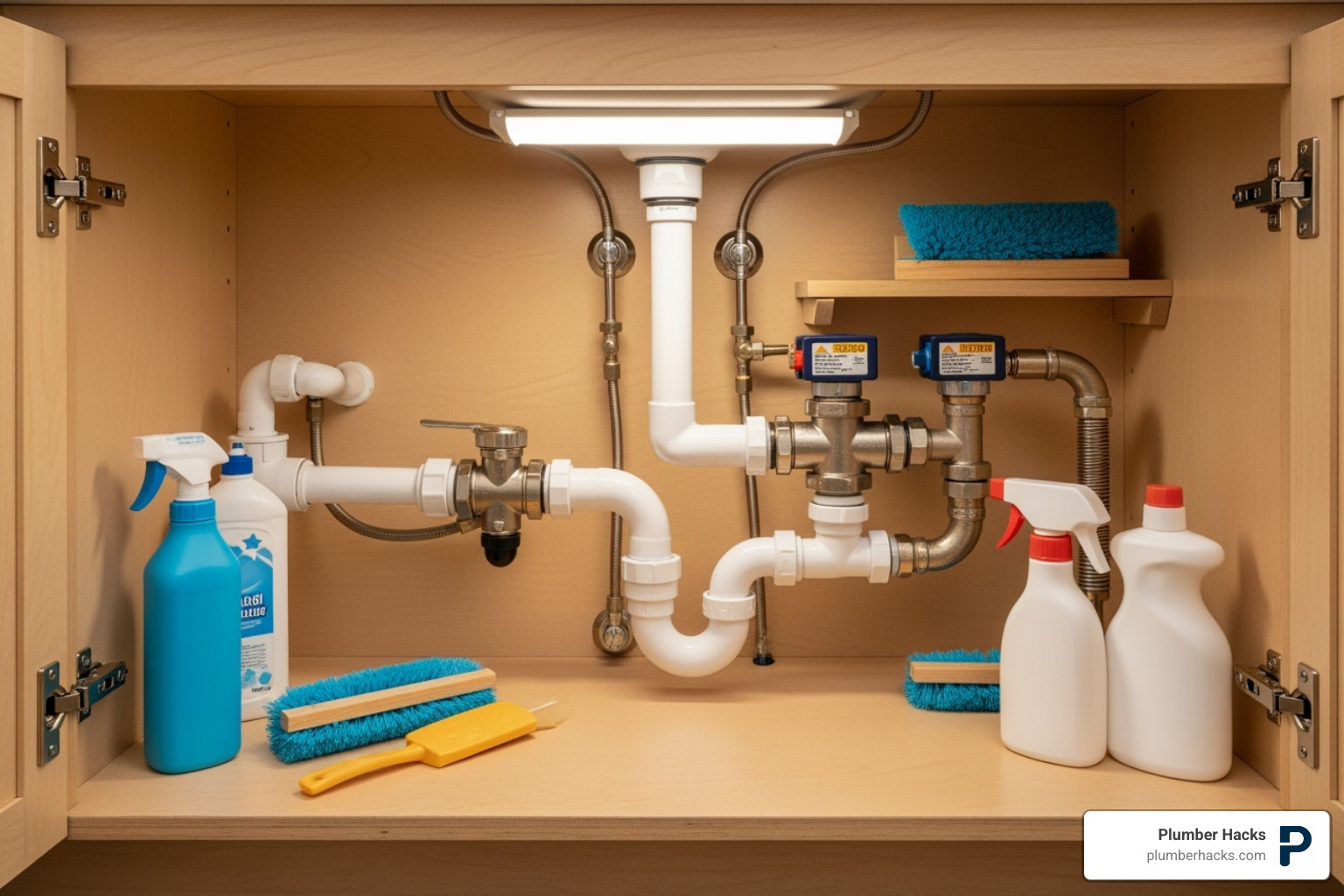 Image of a clear and accessible under-sink area ready for a plumber. - find plumbing service
