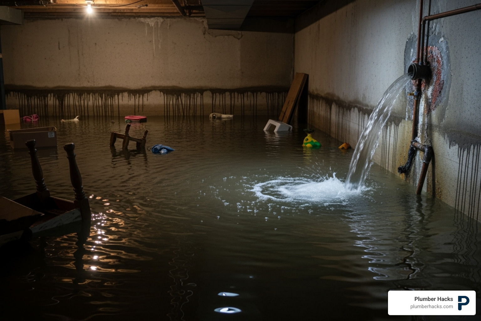Image of a flooded basement from a burst pipe - find plumbing service