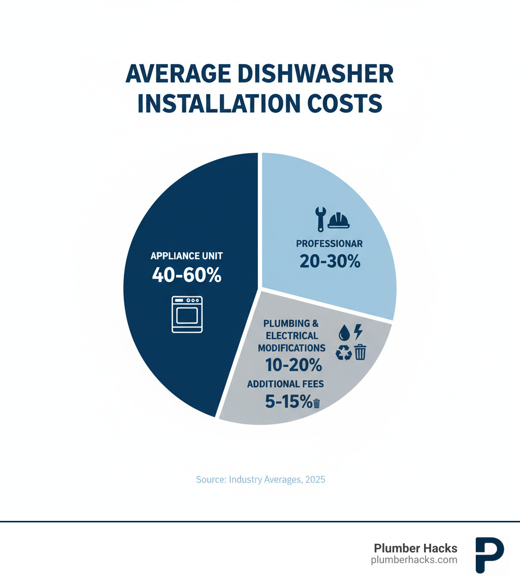 Breakdown of average dishwasher installation costs showing: Appliance unit 40-60% of total cost, Professional labor 20-30% of total cost, Plumbing and electrical modifications 10-20%, Additional fees like removal and disposal 5-15% - dishwasher installation cost infographic 