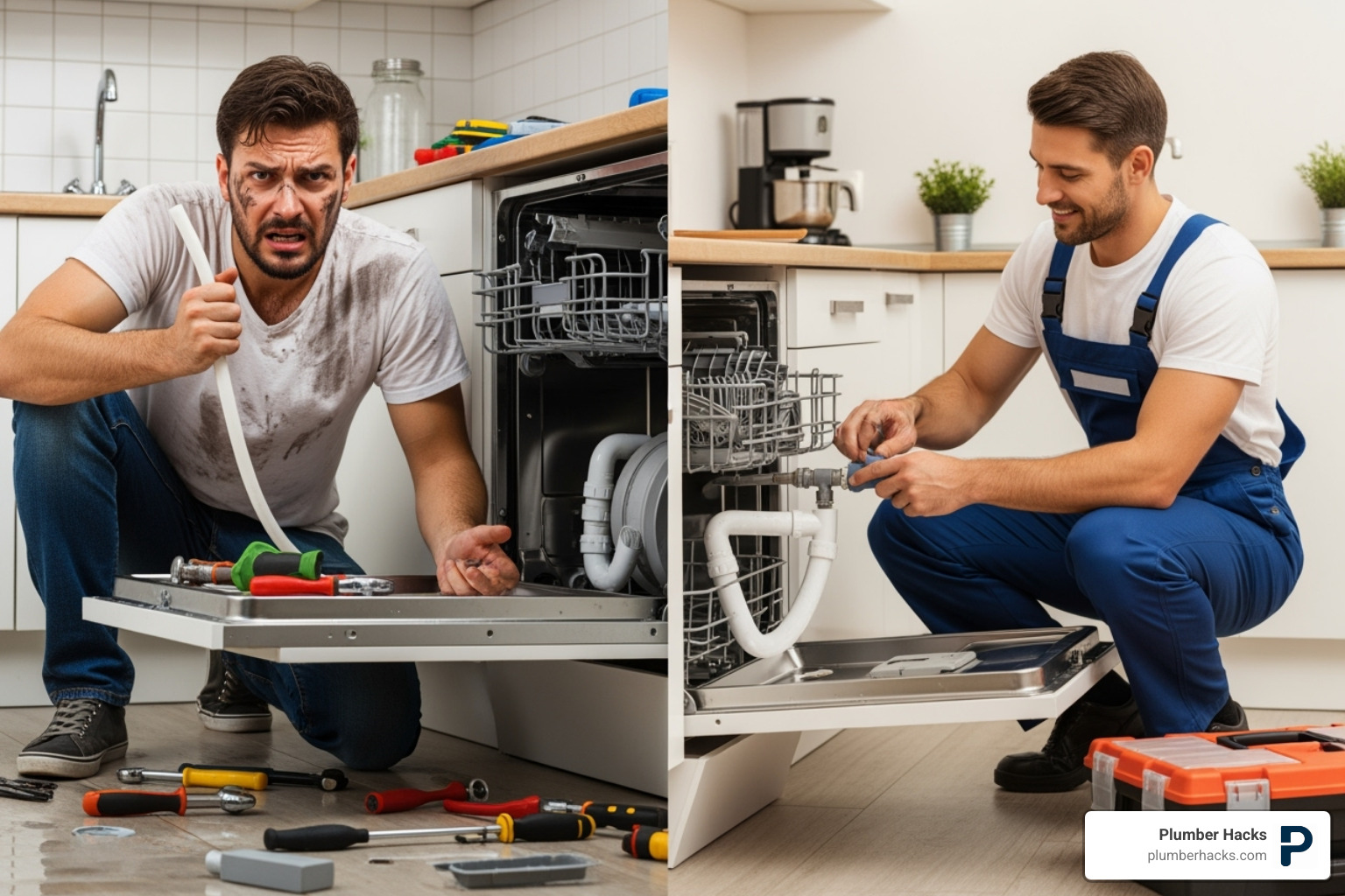 frustrated DIYer vs professional plumber - dishwasher installation cost