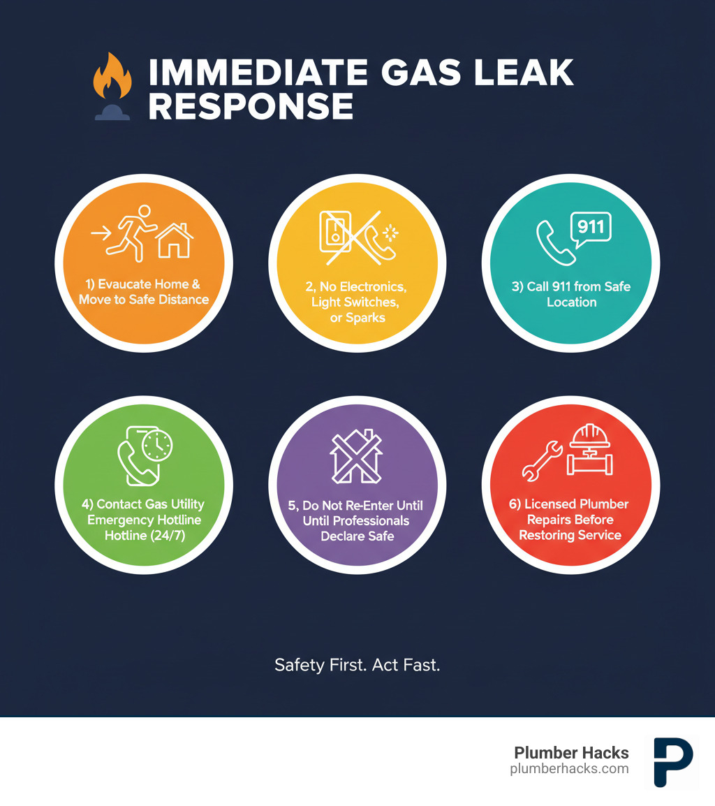 Infographic showing immediate gas leak response steps: 1) Evacuate your home immediately and move to a safe distance, 2) Do not use any electronics, light switches, or create sparks, 3) Call 911 from a safe location away from the property, 4) Contact your local gas utility provider emergency hotline (typically 24/7), 5) Do not re-enter the property until professionals declare it safe, 6) Have a licensed plumber inspect and repair the gas line before restoring service - Gas pipe repair infographic 