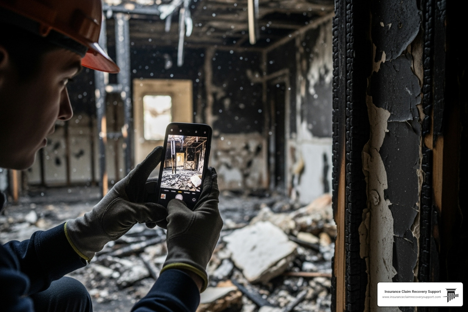 Person taking photos of fire damage with a smartphone - Fire claim process Person taking photos of fire damage with a smartphone - Fire claim process