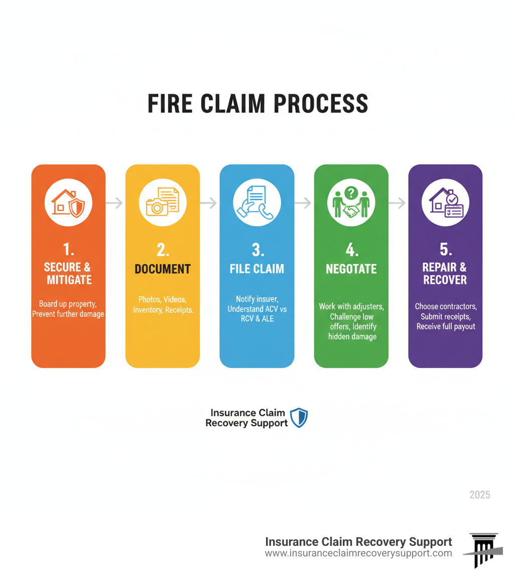 Infographic showing the 5 main stages of a fire claim process: 1. Secure & Mitigate (board up property, prevent further damage), 2. Document (photos, videos, inventory, receipts), 3. File Claim (notify insurer, understand ACV vs RCV and ALE coverage), 4. Negotiate (work with adjusters, challenge low offers, identify hidden damage), 5. Repair & Recover (choose contractors, submit receipts, receive full payout) - Fire claim process infographic  Infographic showing the 5 main stages of a fire claim process: 1. Secure & Mitigate (board up property, prevent further damage), 2. Document (photos, videos, inventory, receipts), 3. File Claim (notify insurer, understand ACV vs RCV and ALE coverage), 4. Negotiate (work with adjusters, challenge low offers, identify hidden damage), 5. Repair & Recover (choose contractors, submit receipts, receive full payout) - Fire claim process infographic