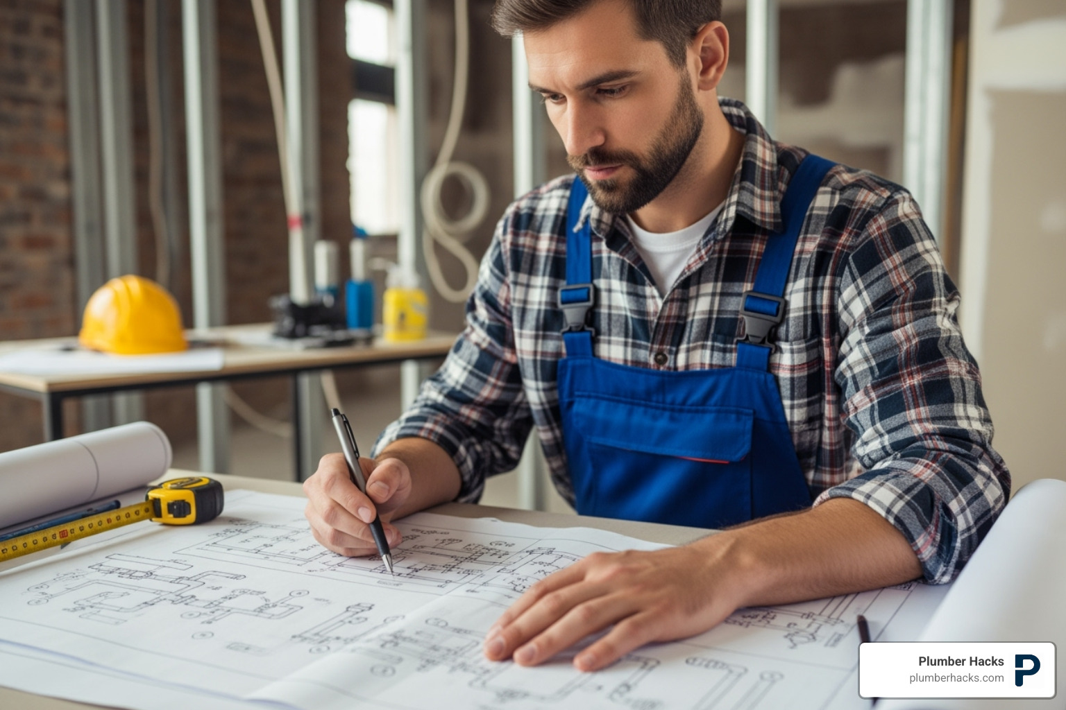 plumber reviewing blueprints - plumbing