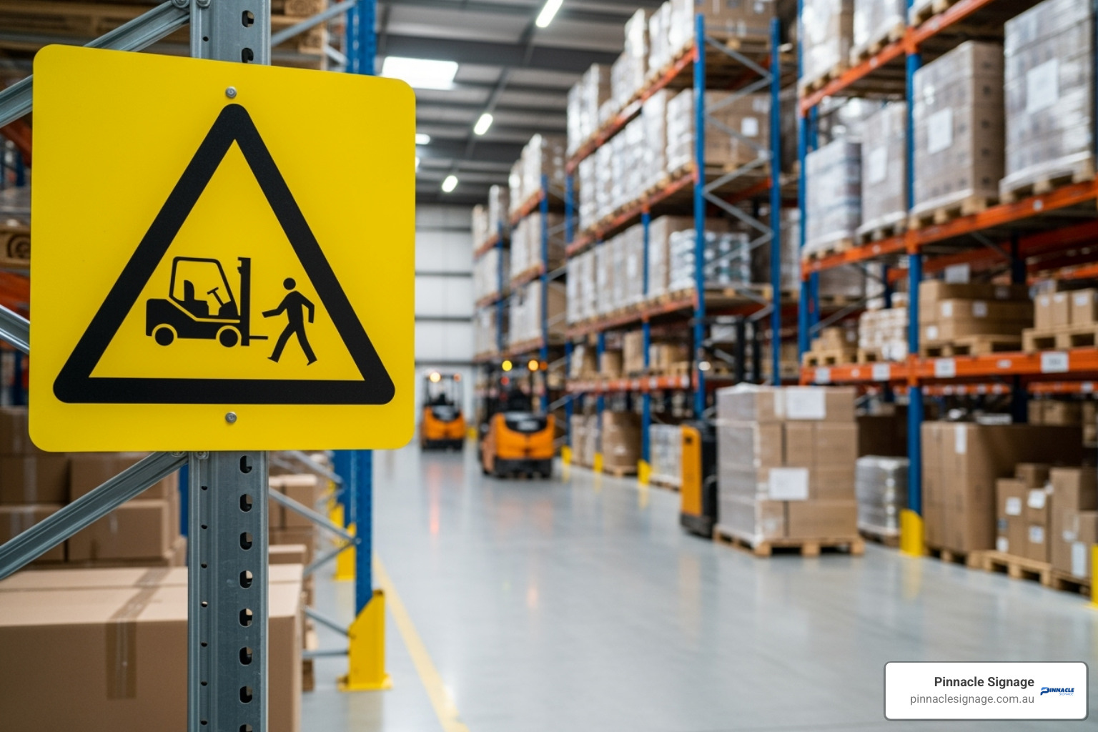 Yellow warehouse safety sign warning pedestrians of active forklifts and equipment operating in the aisle. Essential industrial signage. Yellow warehouse safety sign warning pedestrians of active forklifts and equipment operating in the aisle. Essential industrial signage.