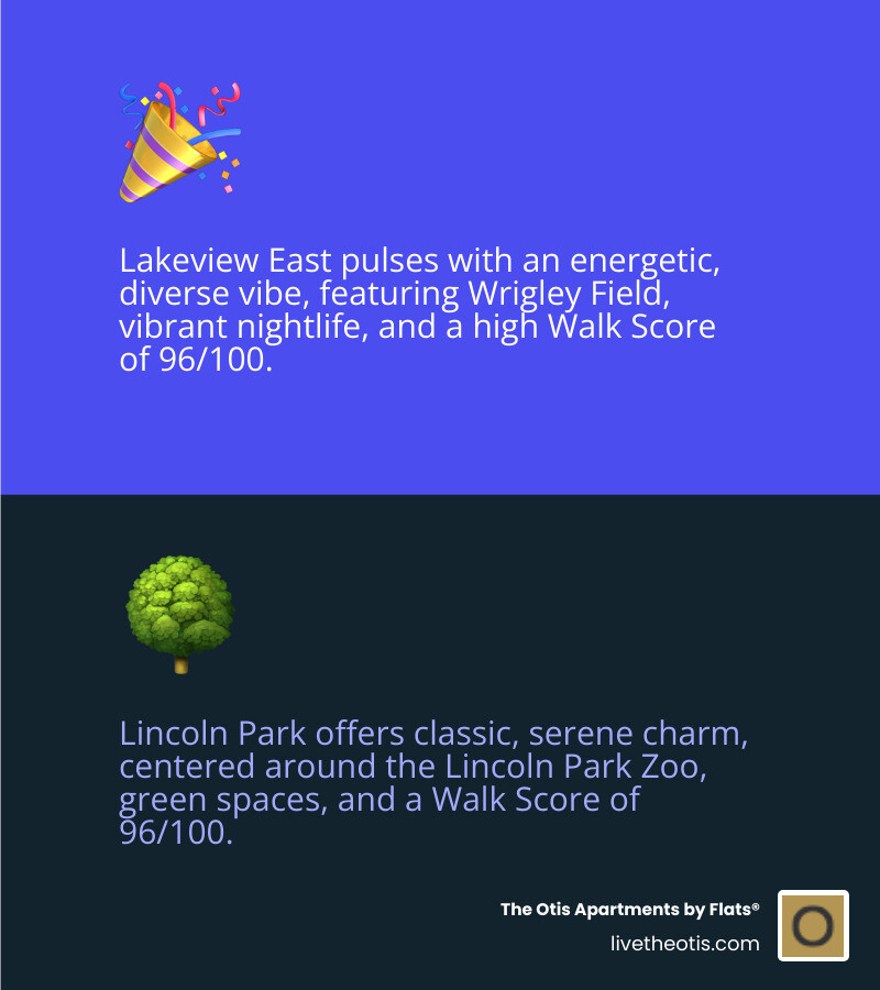 Infographic comparing Lakeview East and Lincoln Park: Lakeview East features an energetic and diverse vibe with Wrigley Field as a major landmark and Walk Score of 96/100, while Lincoln Park offers a classic and serene atmosphere with Lincoln Park Zoo as its centerpiece and the same Walk Score of 96/100. Both neighborhoods provide excellent walkability and transit access. - studio apartments in lakeview east or lincoln park infographic 2_facts_emoji_blue