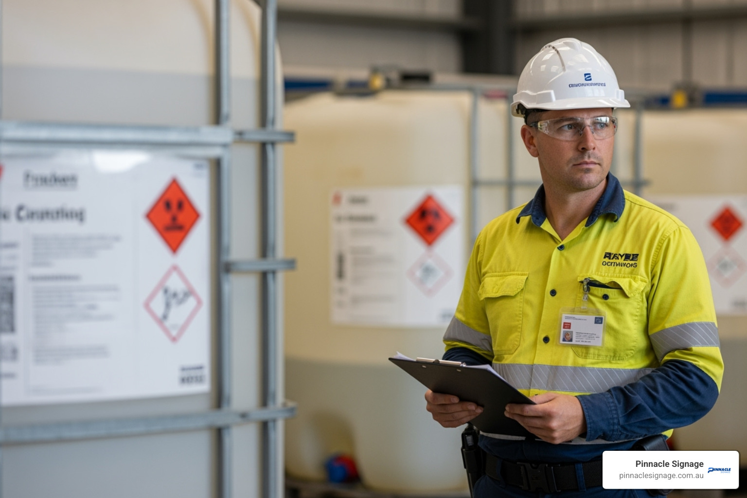 Industrial worker in PPE checking safety compliance. Visible chemical hazard label symbols warn of the dangerous nature of the liquid. Industrial worker in PPE checking safety compliance. Visible chemical hazard label symbols warn of the dangerous nature of the liquid.