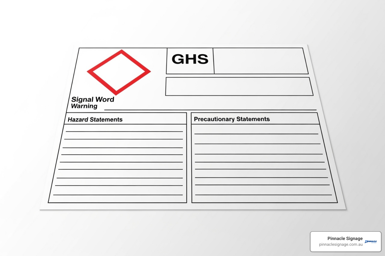 Blank GHS hazard label template with the red diamond pictogram, Signal Word, and areas for Hazard and Precautionary Statements. Blank GHS hazard label template with the red diamond pictogram, Signal Word, and areas for Hazard and Precautionary Statements.