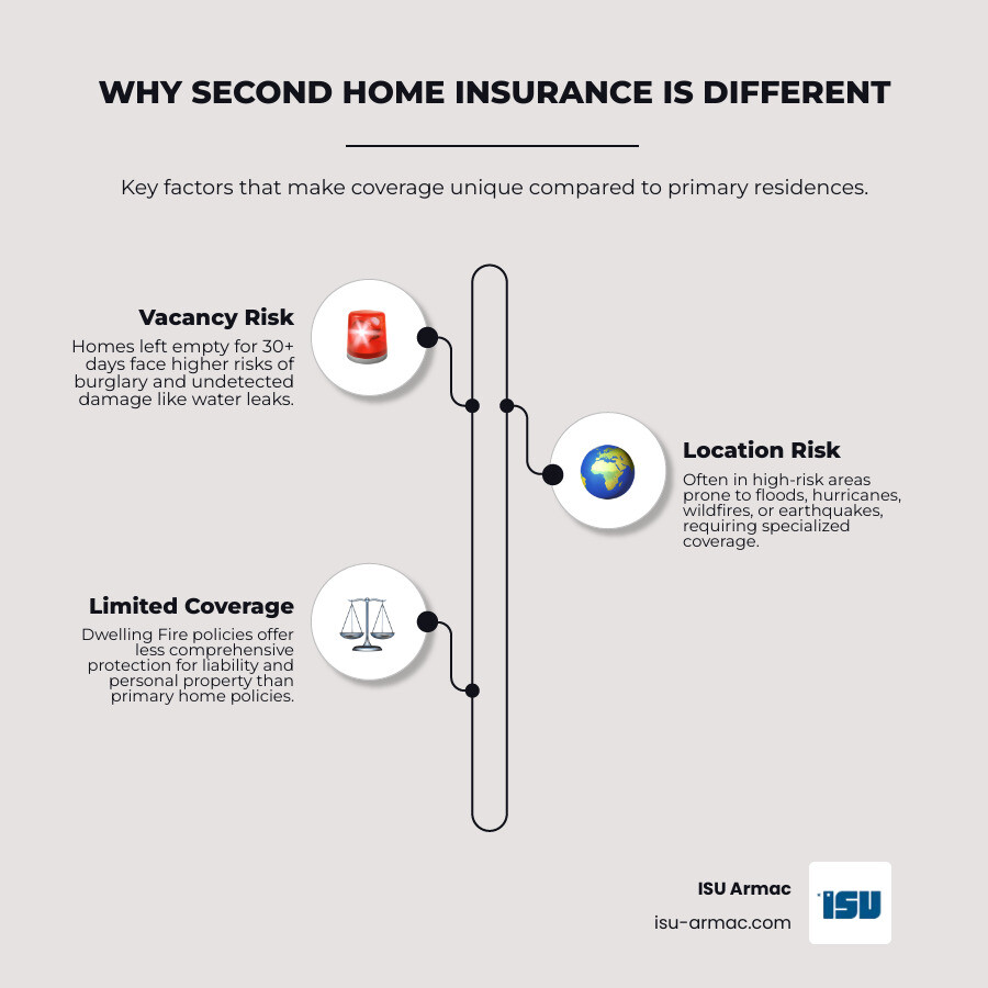 Infographic showing three main risk categories for second home insurance: 1) Vacancy Risk - homes left empty for 30+ days face higher burglary and undetected damage like water leaks, 2) Location Risk - vacation homes often sit in high-risk areas for floods, hurricanes, wildfires, or earthquakes requiring additional coverage, 3) Limited Coverage - dwelling fire policies provide less comprehensive protection than primary home policies with restricted liability and personal property limits - second home insurance infographic infographic-line-3-steps-elegant_beige Infographic showing three main risk categories for second home insurance: 1) Vacancy Risk - homes left empty for 30+ days face higher burglary and undetected damage like water leaks, 2) Location Risk - vacation homes often sit in high-risk areas for floods, hurricanes, wildfires, or earthquakes requiring additional coverage, 3) Limited Coverage - dwelling fire policies provide less comprehensive protection than primary home policies with restricted liability and personal property limits - second home insurance infographic infographic-line-3-steps-elegant_beige