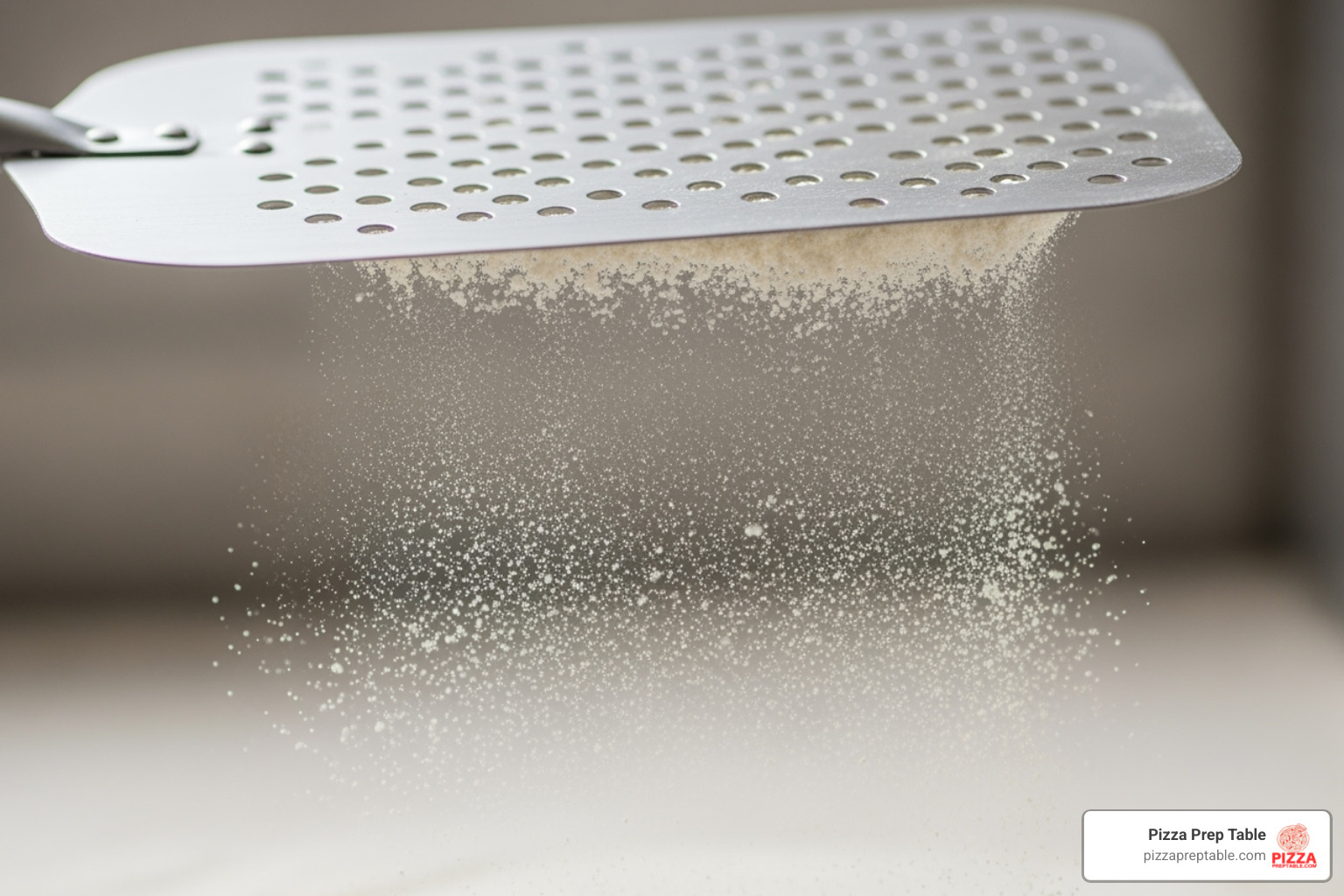 Excess flour falling through the holes of a perforated peel - pizza peel with holes Excess flour falling through the holes of a perforated peel - pizza peel with holes