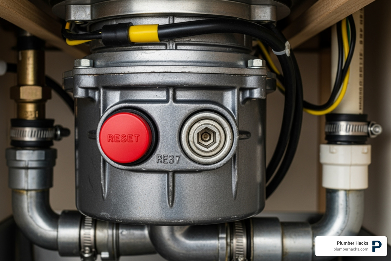 underside of a garbage disposal showing the reset button and hex socket - garbage disposal repair