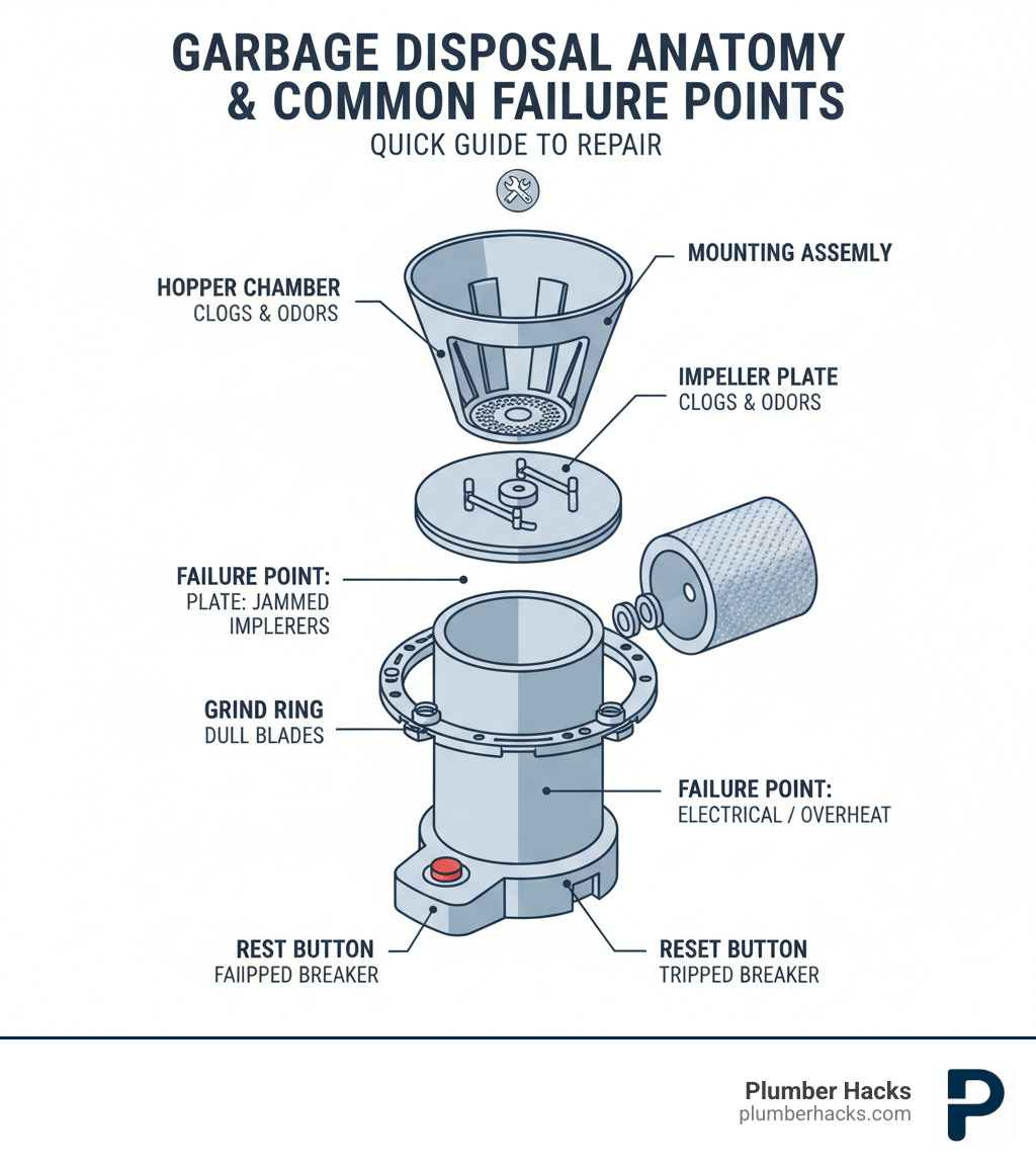 Infographic showing the main parts of a garbage disposal including the hopper chamber, impeller plate, grind ring, motor, reset button, and mounting assembly, with labels indicating common failure points for each component - garbage disposal repair infographic 