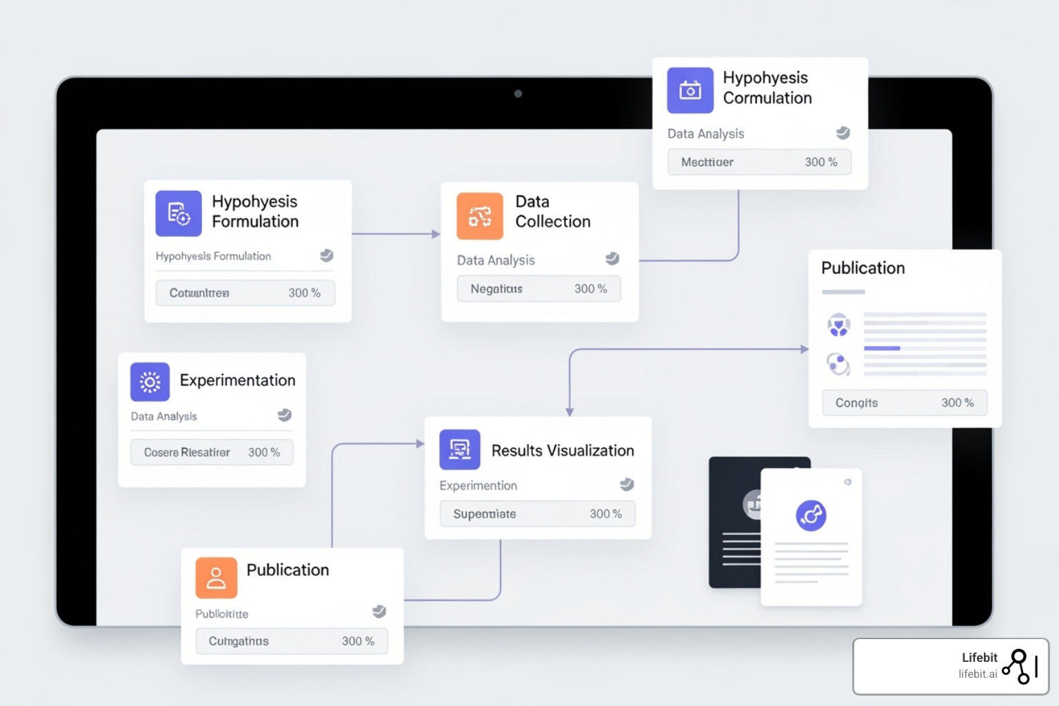 Unified dashboard showing all research stages, from hypothesis to publication, with interconnected modules for data, analysis, and communication - research collaboration platform