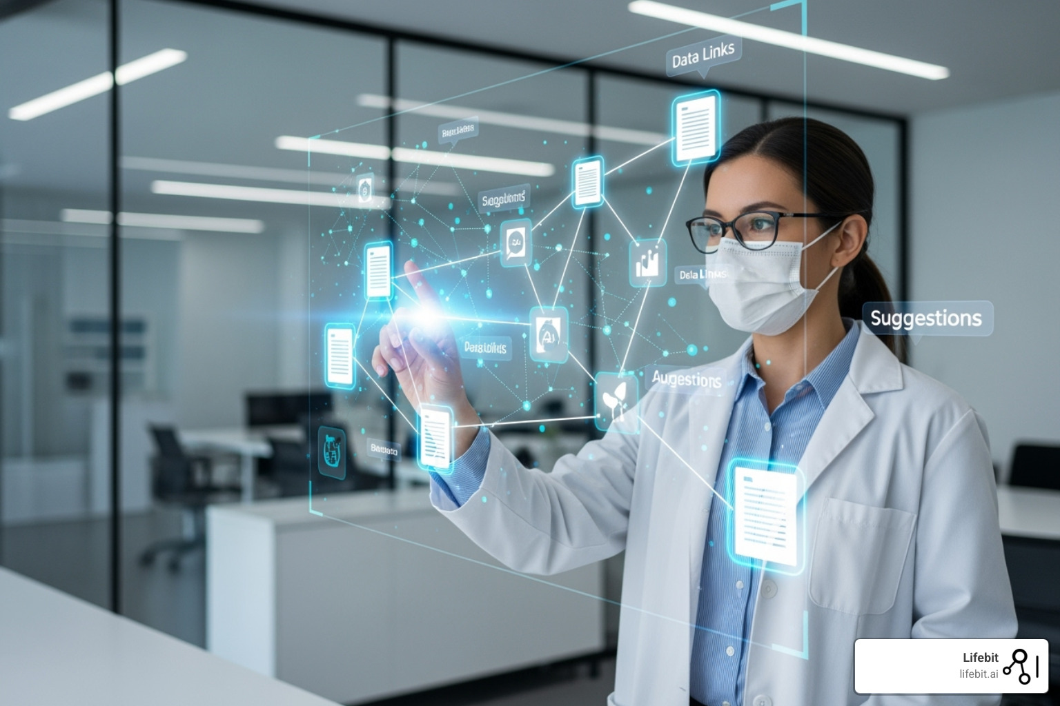 AI suggesting relevant papers and data links to a researcher, illustrating enhanced discovery - research collaboration platform