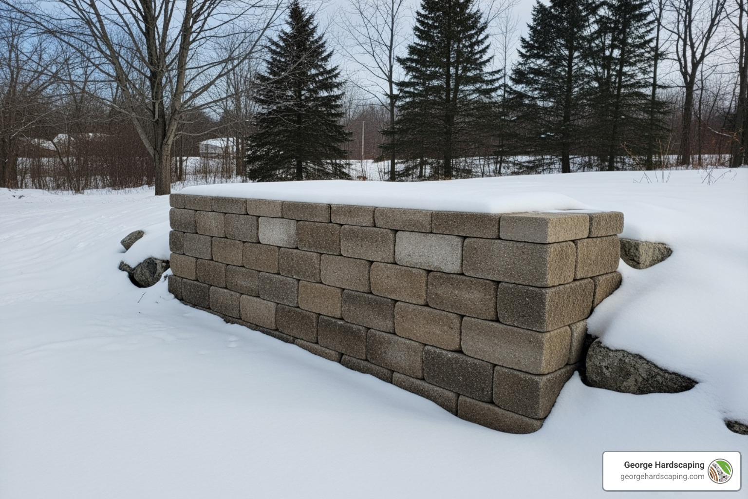 A well-built small retaining wall standing strong amidst winter snow in a New England landscape. - how to install a small retaining wall
