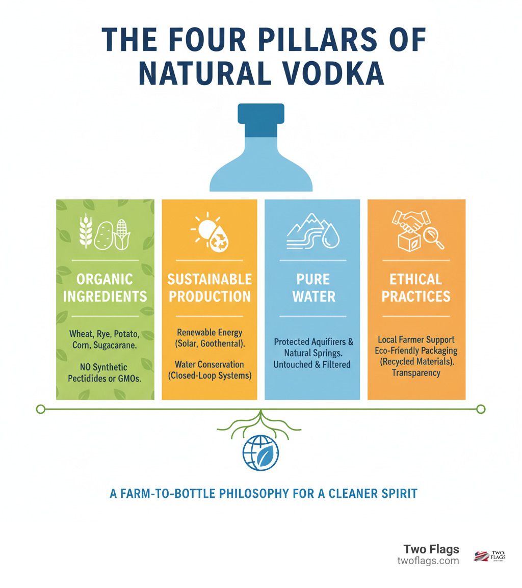 Infographic showing the four pillars of natural vodka: 1. Organic Ingredients (wheat, rye, potato, corn, or sugarcane grown without synthetic pesticides or GMOs), 2. Sustainable Production (renewable energy sources like solar and geothermal, water conservation through closed-loop systems), 3. Pure Water (sourced from protected aquifers or natural springs), 4. Ethical Practices (support for local farmers, eco-friendly packaging with recycled materials, transparency in sourcing and production) - natural vodka brands infographic 