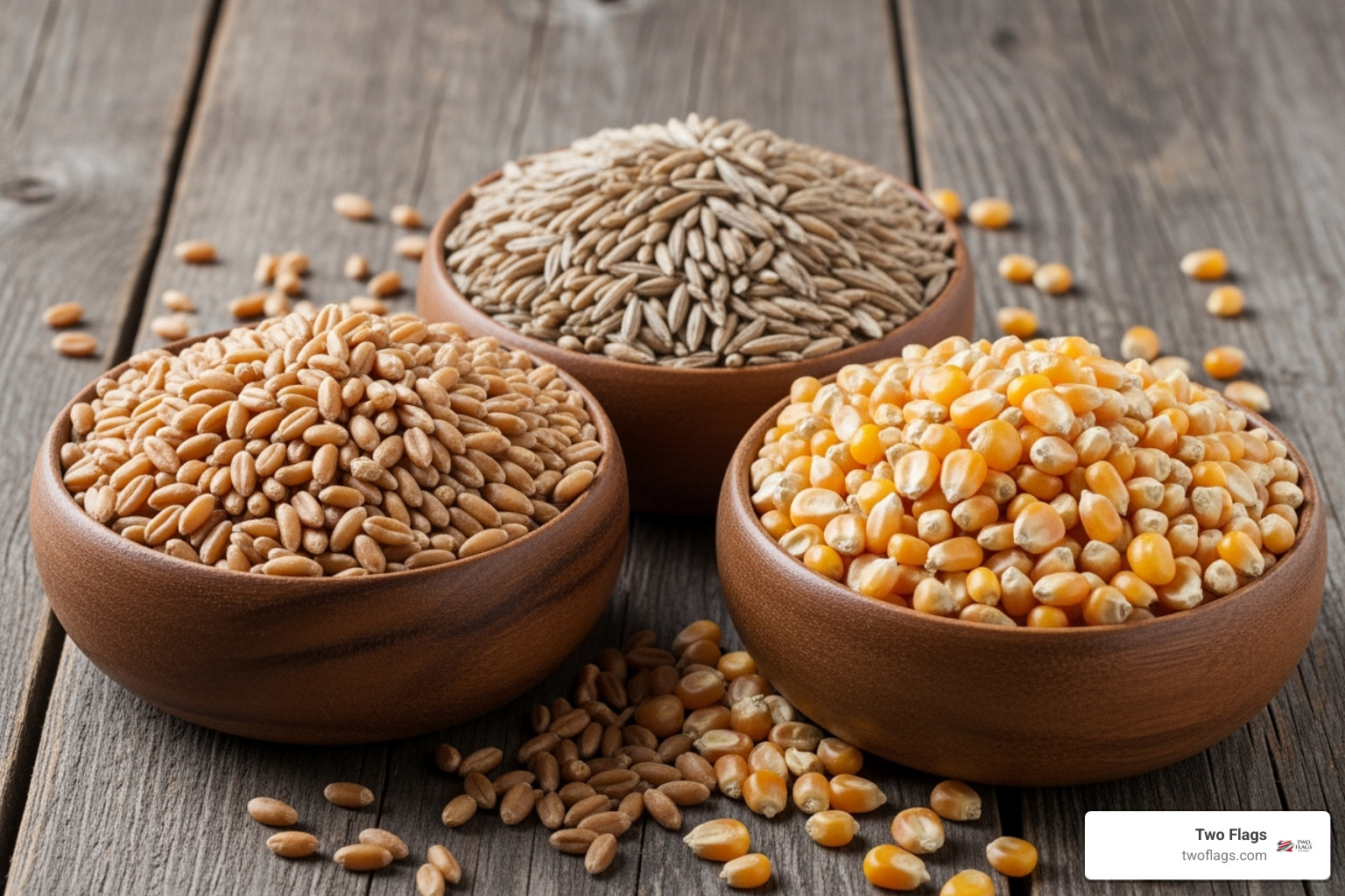 wheat, rye, and corn grains in separate bowls - natural vodka brands