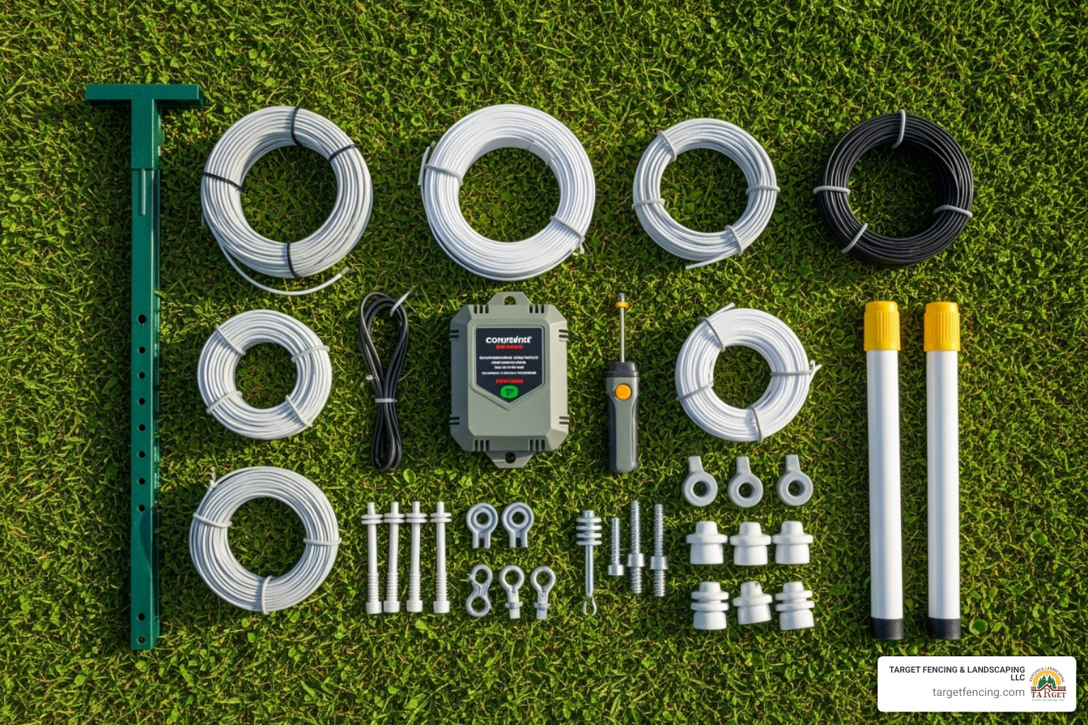 A clear image showing various electric fence components neatly arranged on a grassy lawn, including an energizer, different types of wire, insulators, posts, and a fence tester. - residential electric fence installation A clear image showing various electric fence components neatly arranged on a grassy lawn, including an energizer, different types of wire, insulators, posts, and a fence tester. - residential electric fence installation