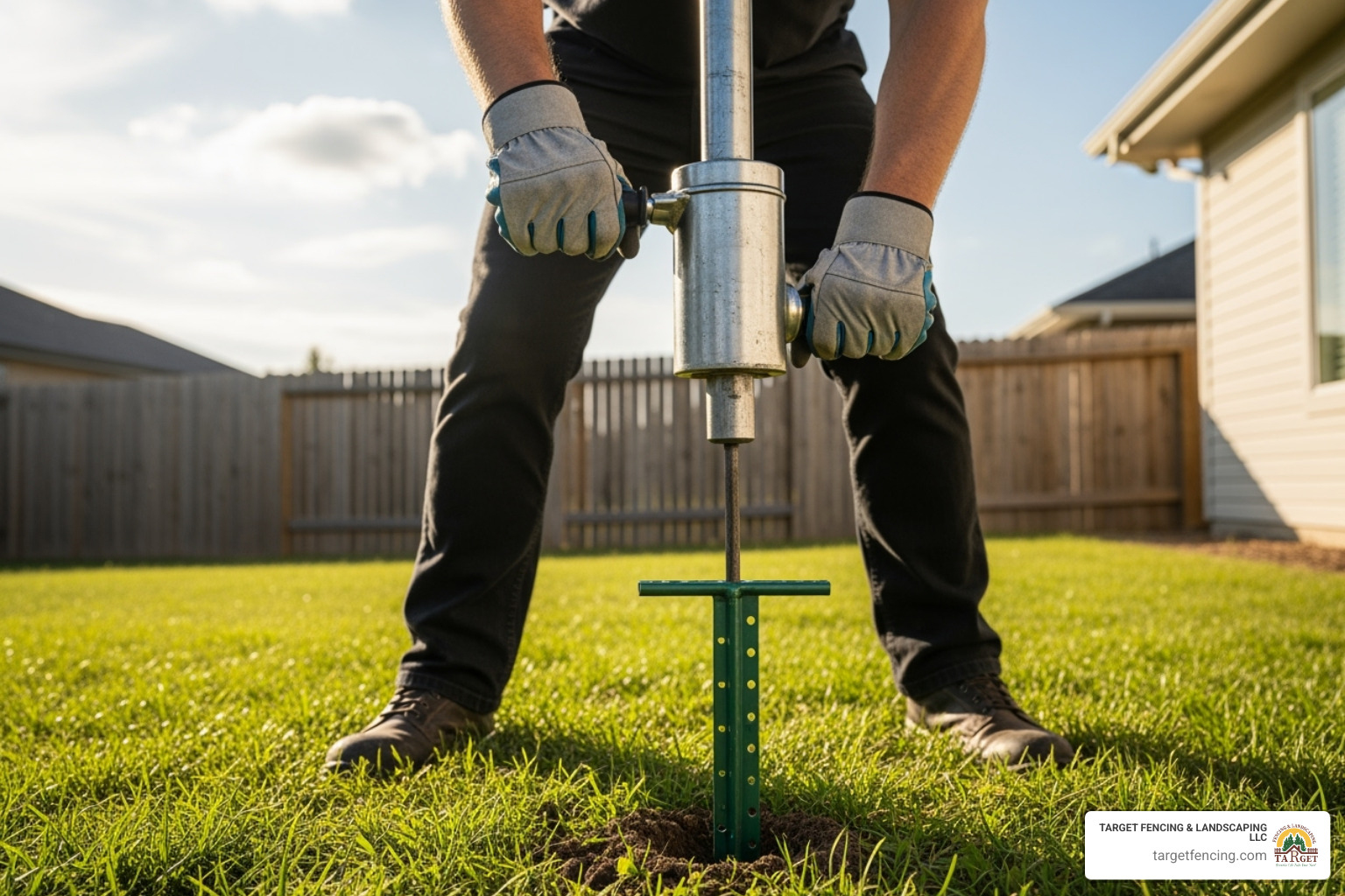 A person wearing work gloves using a specialized post driver to efficiently install a T-post into the ground, demonstrating proper post installation technique. - residential electric fence installation A person wearing work gloves using a specialized post driver to efficiently install a T-post into the ground, demonstrating proper post installation technique. - residential electric fence installation