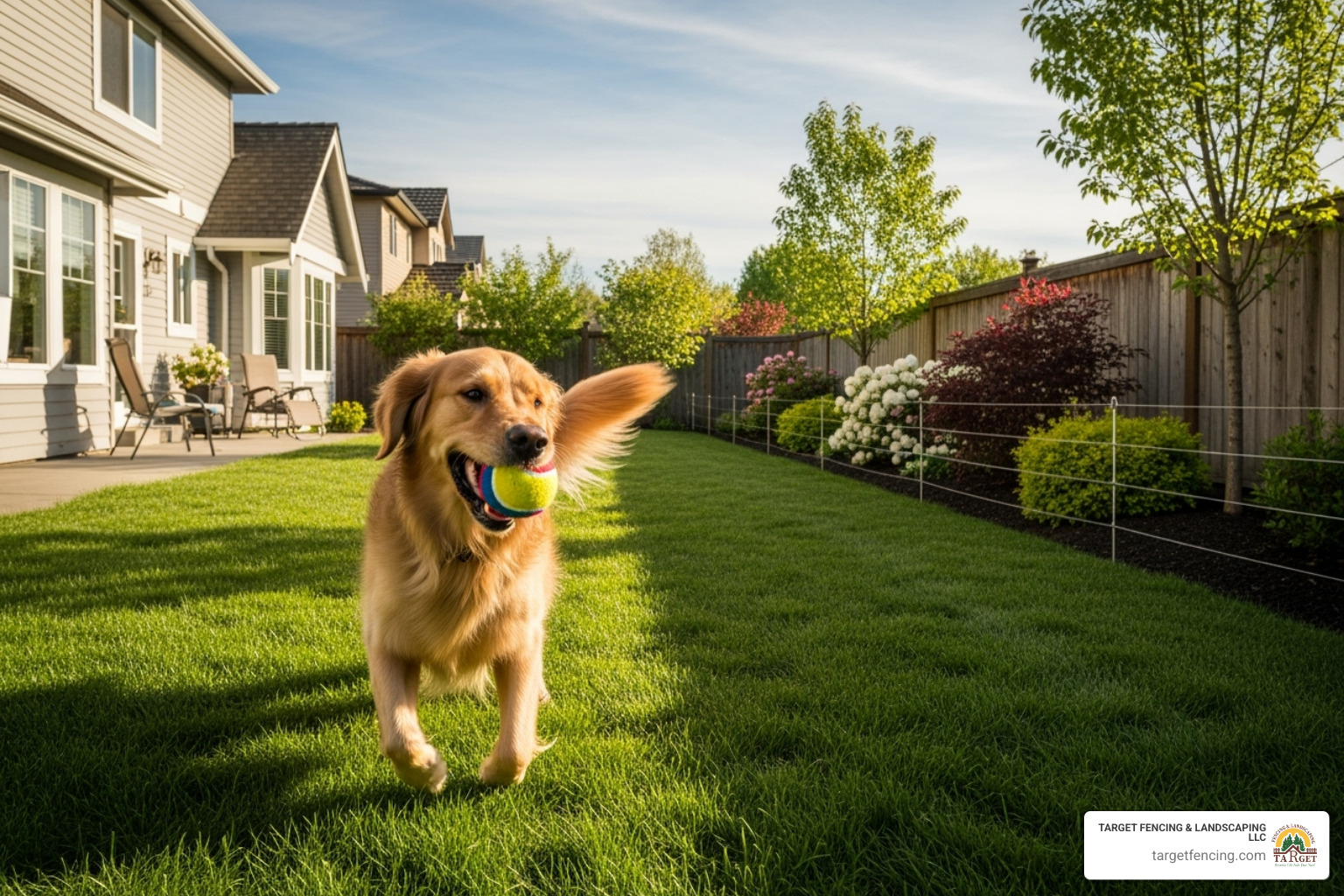 A happy golden retriever playing safely in a yard with a discreet electric fence visible in the background, demonstrating pet containment and freedom. - residential electric fence installation A happy golden retriever playing safely in a yard with a discreet electric fence visible in the background, demonstrating pet containment and freedom. - residential electric fence installation