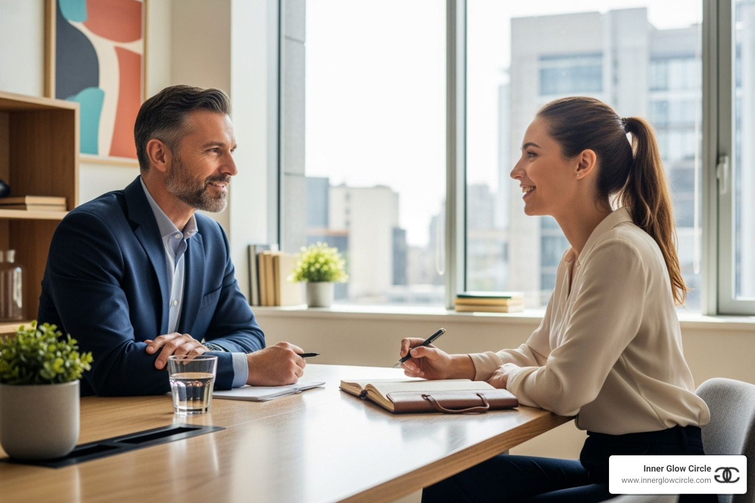 coach looking confident and successful with a client - mentoring for coaches