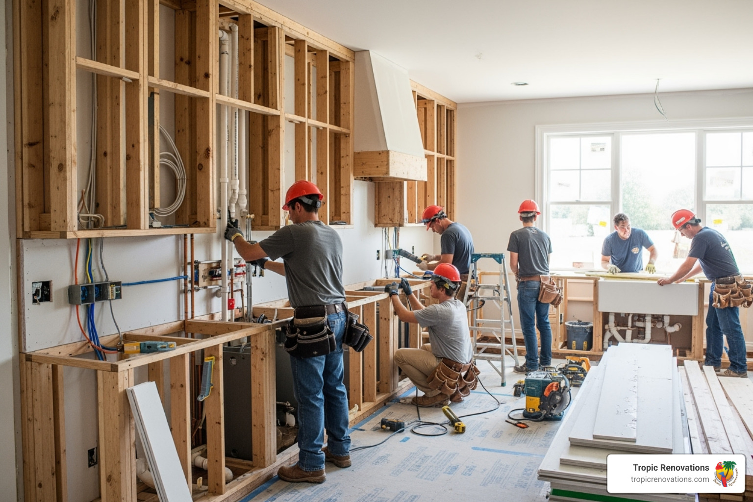complex kitchen remodel in progress showing workers and exposed walls - Who remodels kitchens?