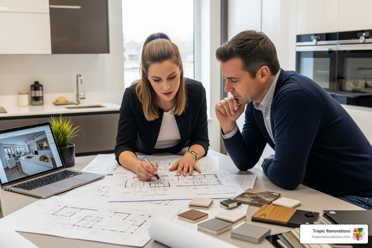 kitchen designer collaborating with a homeowner over blueprints - Who remodels kitchens?