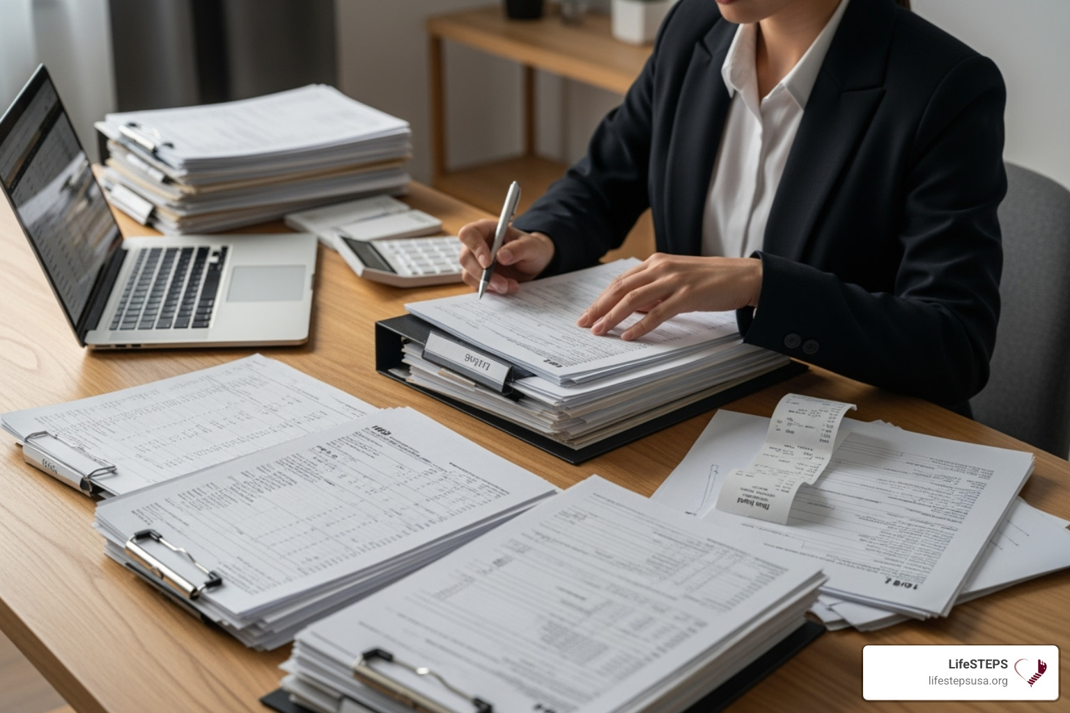 Image of a person organizing documents like pay stubs and tax forms at a desk - income restricted rentals