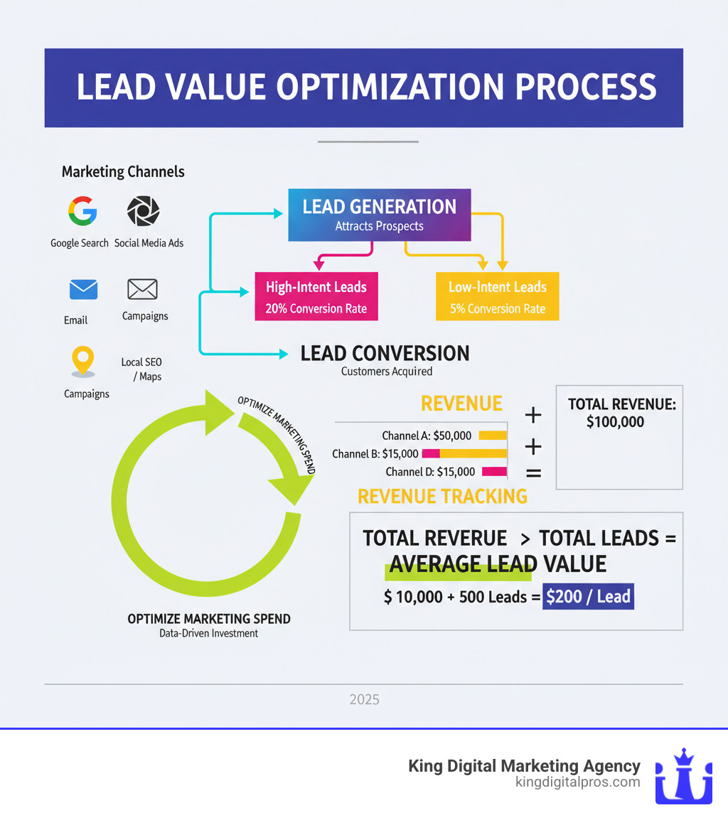 Infographic showing the lead value calculation process: Marketing channels generate leads, leads convert to customers at different rates, revenue is tracked per channel, then total revenue divided by total leads equals average lead value, with arrows showing how this feeds back into optimizing marketing spend - lead value calculator infographic Infographic showing the lead value calculation process: Marketing channels generate leads, leads convert to customers at different rates, revenue is tracked per channel, then total revenue divided by total leads equals average lead value, with arrows showing how this feeds back into optimizing marketing spend - lead value calculator infographic