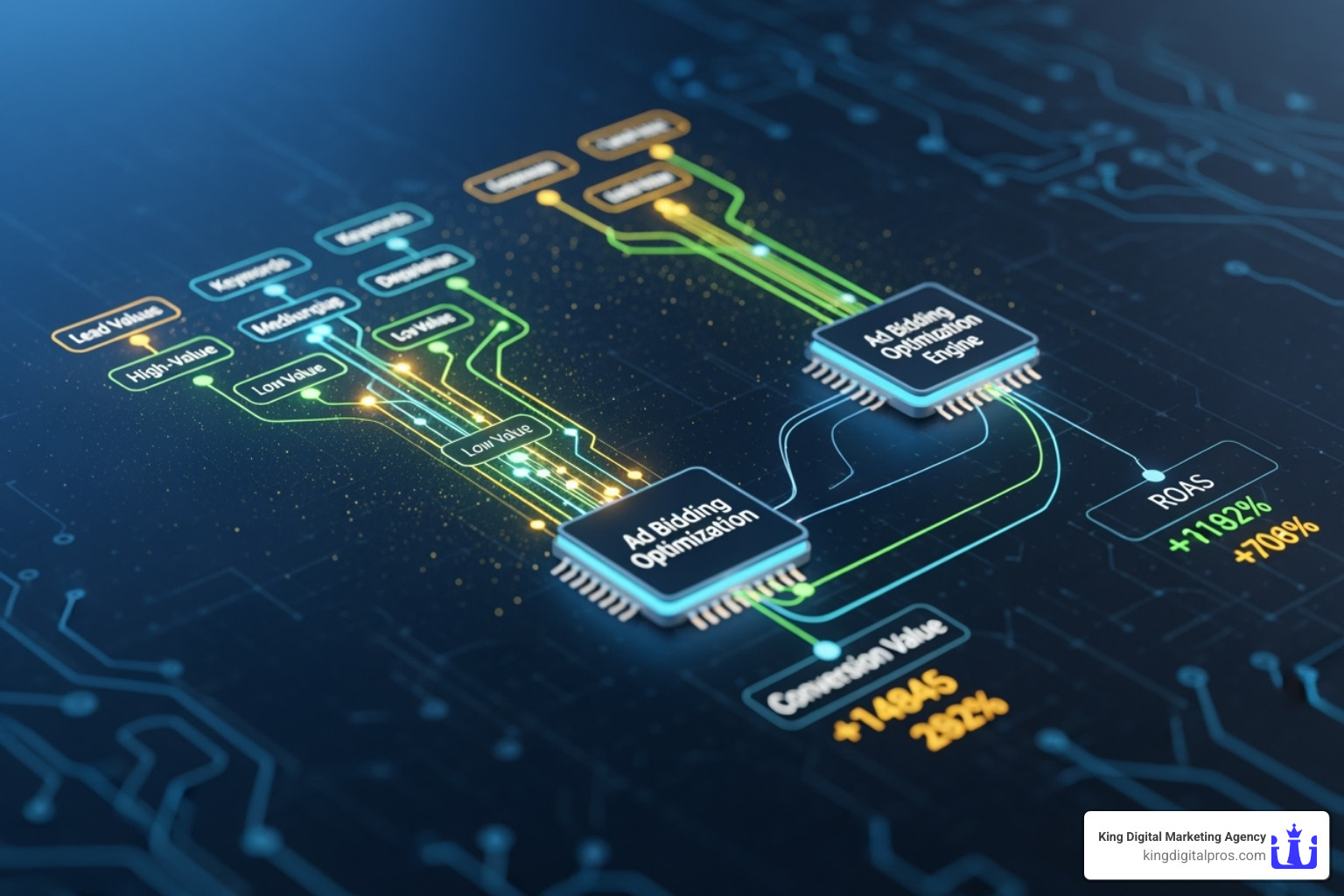 A graphic illustrating smart bidding in action, with lead value informing bids for different keywords and demographics to optimize for higher conversion value and ROAS - lead value calculator A graphic illustrating smart bidding in action, with lead value informing bids for different keywords and demographics to optimize for higher conversion value and ROAS - lead value calculator