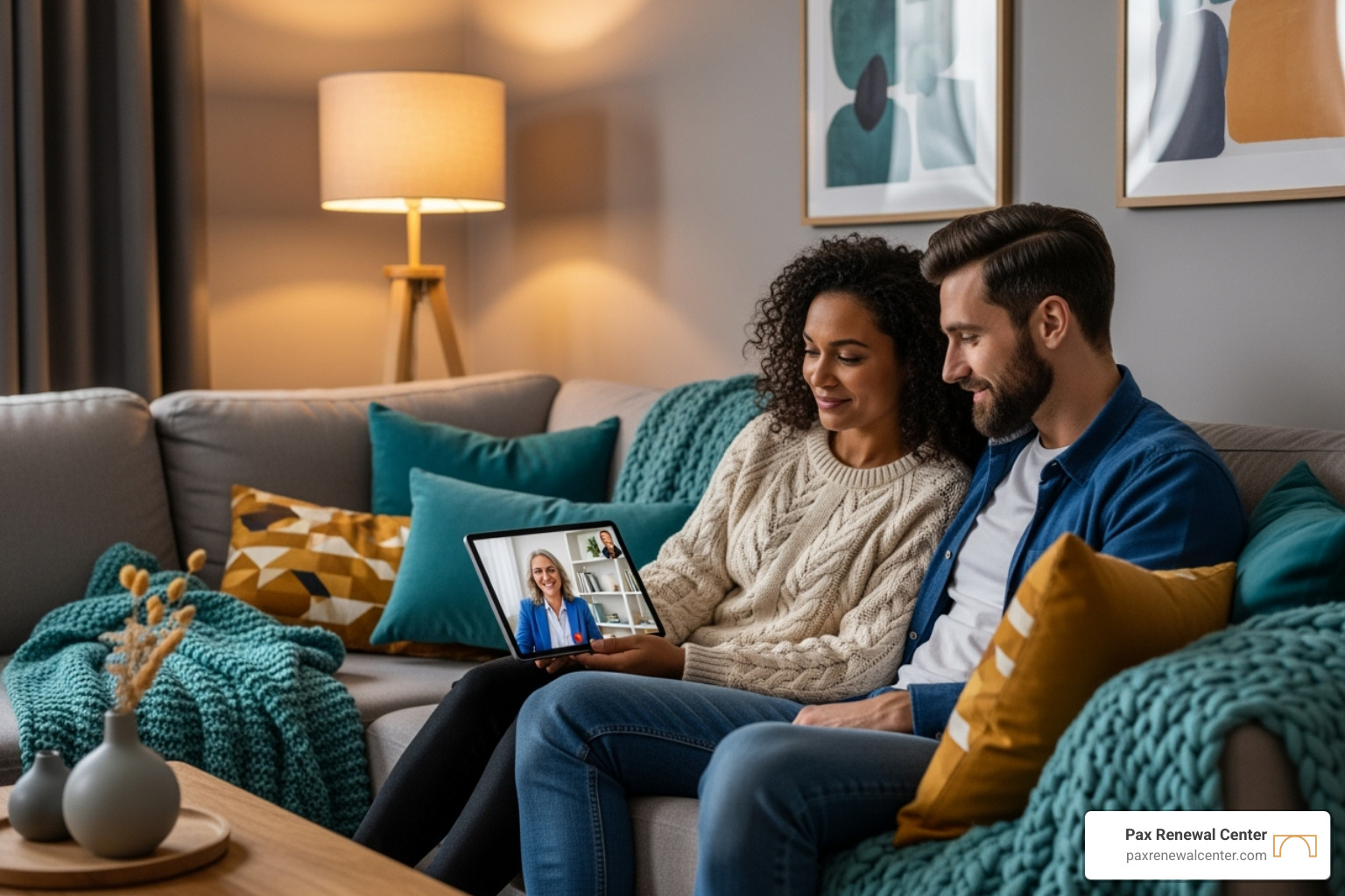 couple on a couch using a tablet for a therapy session - online relationship counseling