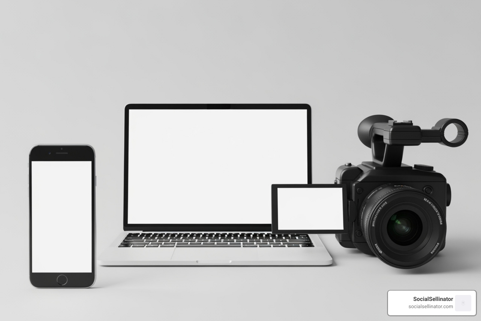 A graphic showing a smartphone, a laptop, and a video camera, all displaying a consistent brand message, illustrating a multi-platform approach - Denver brand storytelling A graphic showing a smartphone, a laptop, and a video camera, all displaying a consistent brand message, illustrating a multi-platform approach - Denver brand storytelling