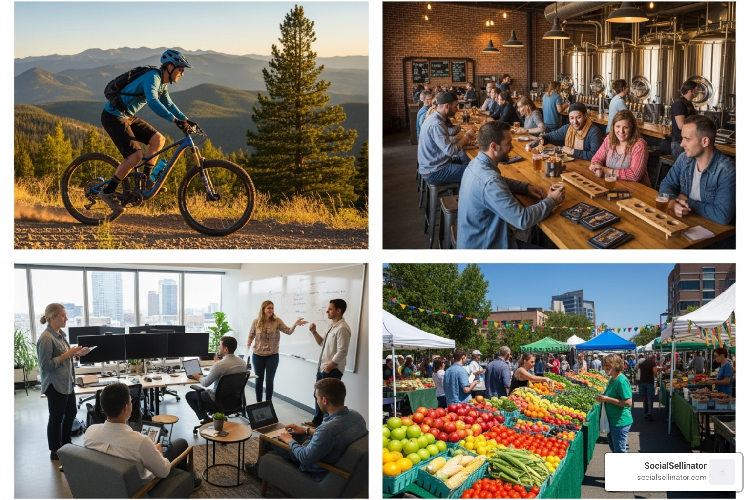 A collage representing Denver culture: a mountain biker on a trail, a craft brewery taproom, a tech startup office, and a local farmers' market - Denver brand storytelling A collage representing Denver culture: a mountain biker on a trail, a craft brewery taproom, a tech startup office, and a local farmers' market - Denver brand storytelling