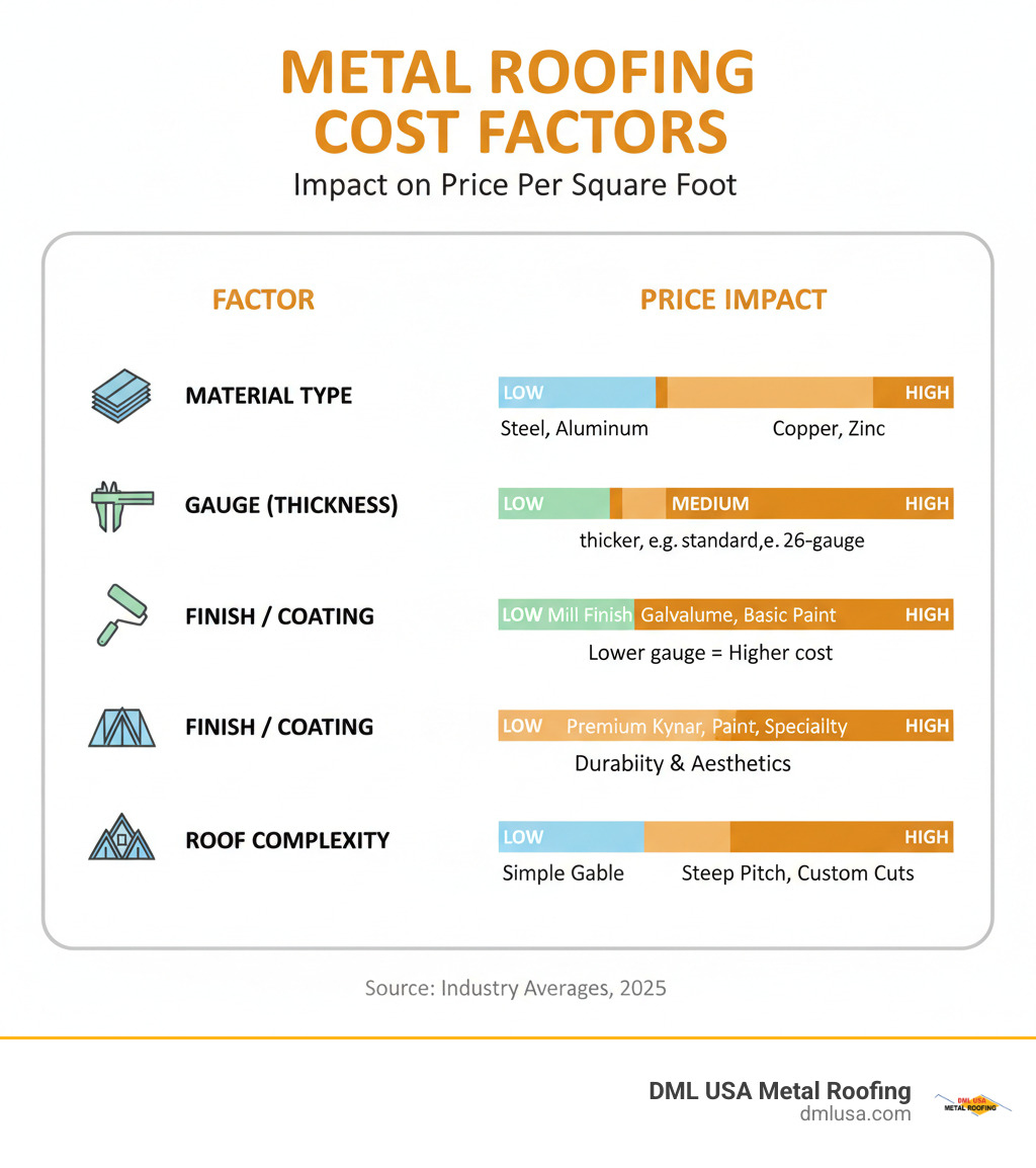 table comparing key cost factors like Material Type, Gauge, Finish, and Roof Complexity against their relative impact on price (Low, Medium, High) - average cost per square foot for metal roofing installation infographic 