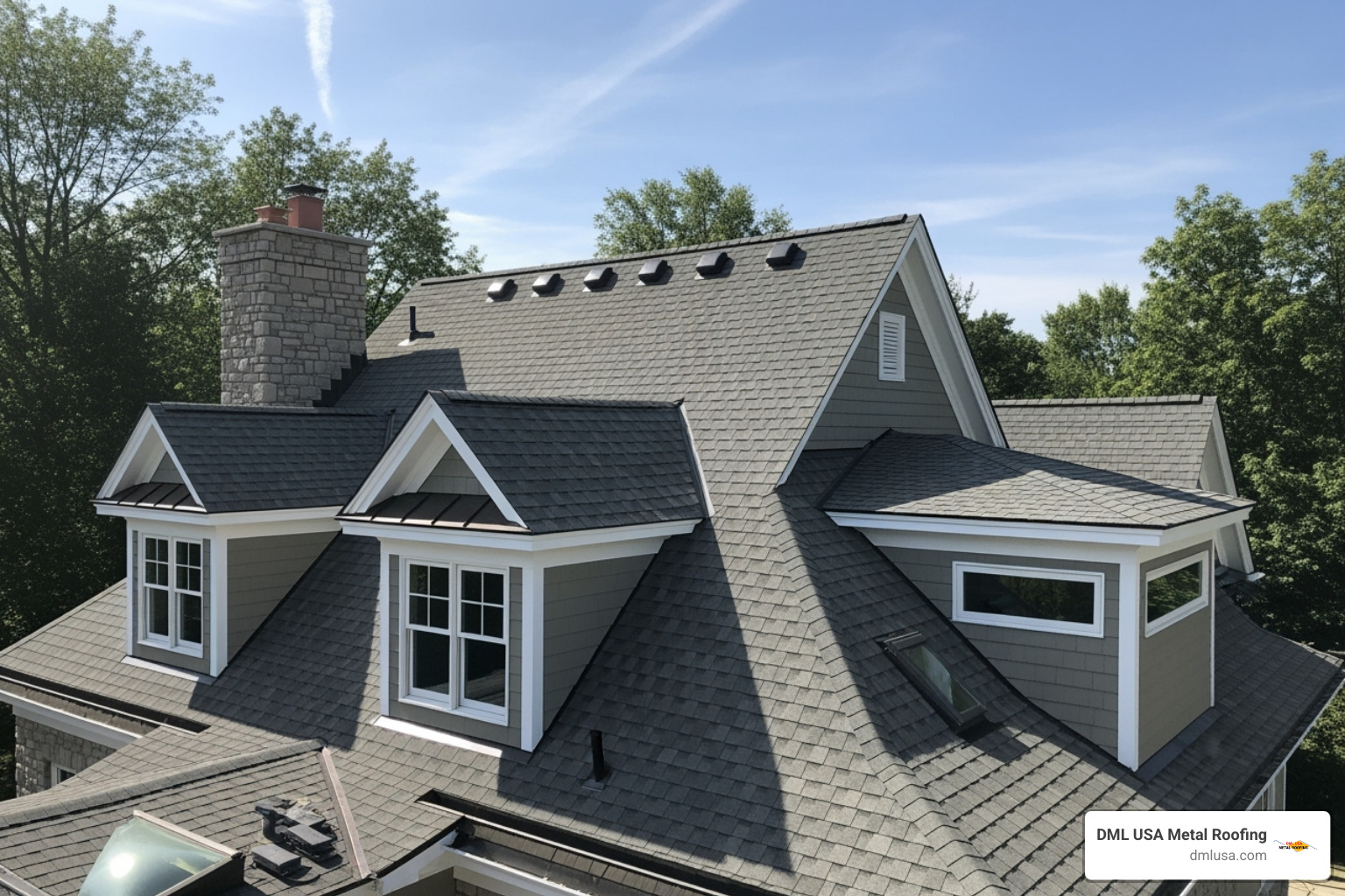 complex roof with multiple dormers, valleys, and a steep pitch - average cost per square foot for metal roofing installation