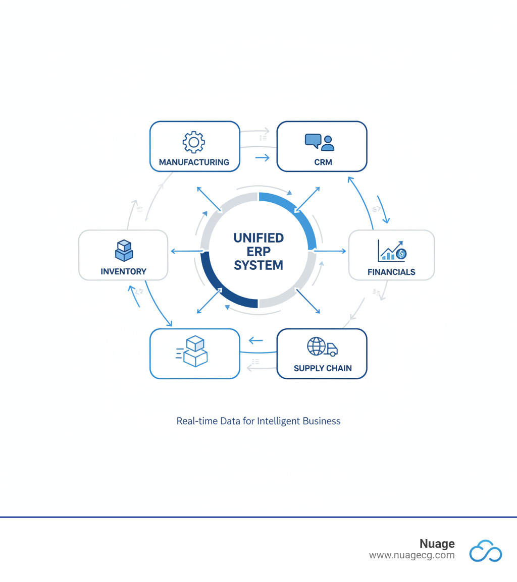 infographic illustrating the interconnected data flow between manufacturing, inventory, financials, CRM, and supply chain modules within a unified NetSuite ERP system - NetSuite Advanced Manufacturing infographic infographic illustrating the interconnected data flow between manufacturing, inventory, financials, CRM, and supply chain modules within a unified NetSuite ERP system - NetSuite Advanced Manufacturing infographic