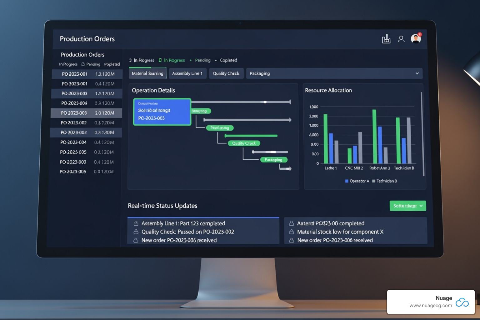 NetSuite Advanced Manufacturing Work Bench interface showing production orders, operations, resource allocation, and real-time status updates - NetSuite Advanced Manufacturing NetSuite Advanced Manufacturing Work Bench interface showing production orders, operations, resource allocation, and real-time status updates - NetSuite Advanced Manufacturing