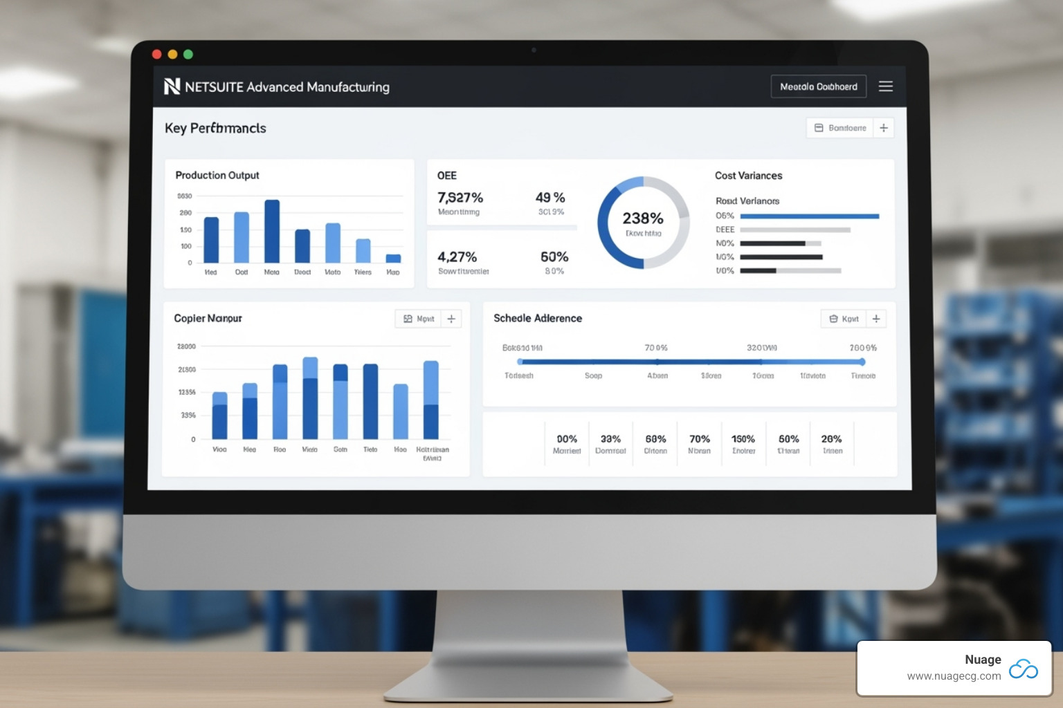 NetSuite Advanced Manufacturing dashboard showing key KPIs such as production output, OEE, cost variances, and schedule adherence - NetSuite Advanced Manufacturing NetSuite Advanced Manufacturing dashboard showing key KPIs such as production output, OEE, cost variances, and schedule adherence - NetSuite Advanced Manufacturing