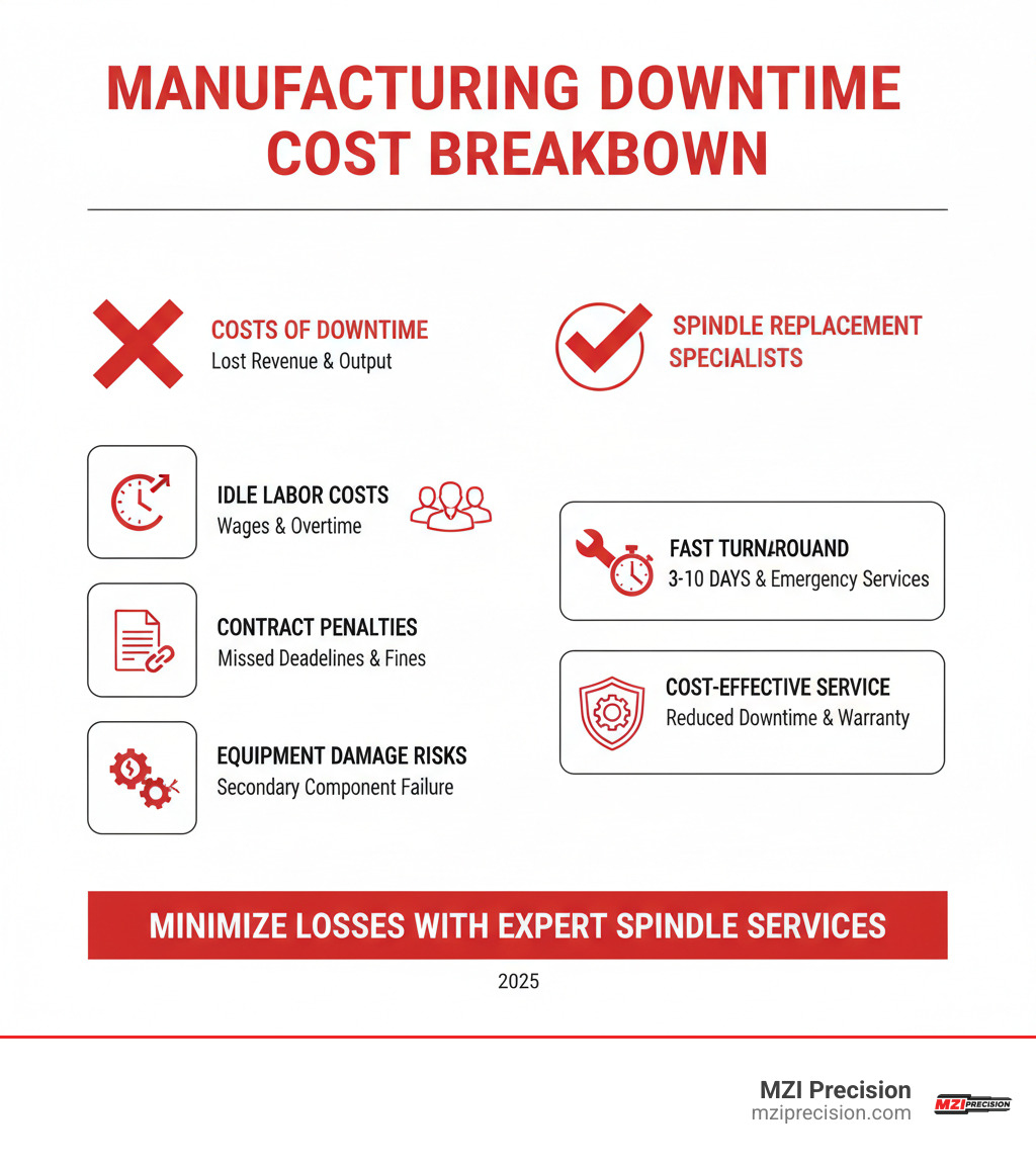 INFOGRAPHIC SHOWING THE COST BREAKDOWN OF MACHINE DOWNTIME IN MANUFACTURING: HOURLY PRODUCTION LOSS, LABOR COSTS DURING DOWNTIME, POTENTIAL CONTRACT PENALTIES, AND EQUIPMENT DAMAGE RISKS VERSUS THE COST AND TURNAROUND TIME OF PROFESSIONAL SPINDLE REPLACEMENT SERVICES - SPINDLE REPLACEMENT SPECIALISTS INFOGRAPHIC 