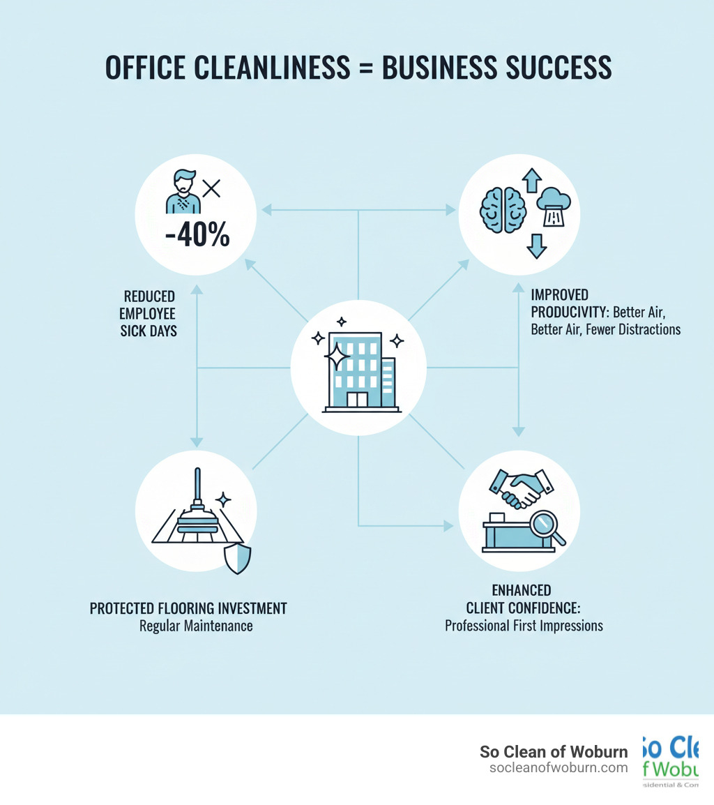 infographic showing the connection between office cleanliness and business benefits: reduced employee sick days by 40%, improved productivity through better air quality and fewer distractions, enhanced client confidence from professional first impressions, and protected flooring investment through regular maintenance - office cleaning woburn ma infographic infographic showing the connection between office cleanliness and business benefits: reduced employee sick days by 40%, improved productivity through better air quality and fewer distractions, enhanced client confidence from professional first impressions, and protected flooring investment through regular maintenance - office cleaning woburn ma infographic