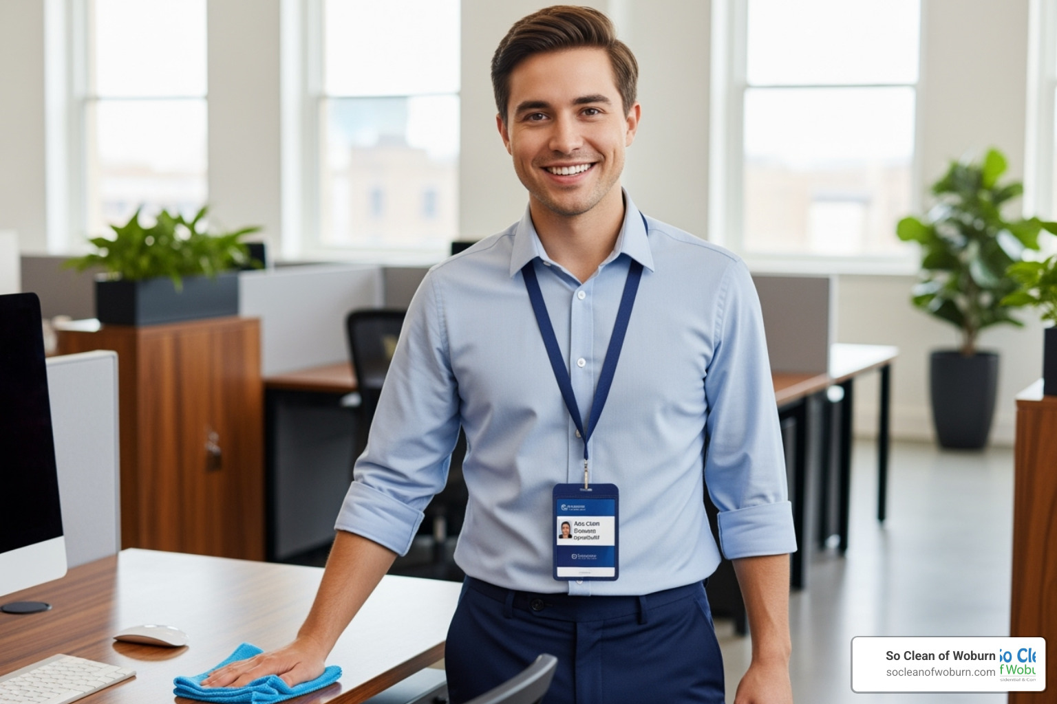 friendly uniformed cleaning professional with ID badge - office cleaning woburn ma friendly uniformed cleaning professional with ID badge - office cleaning woburn ma
