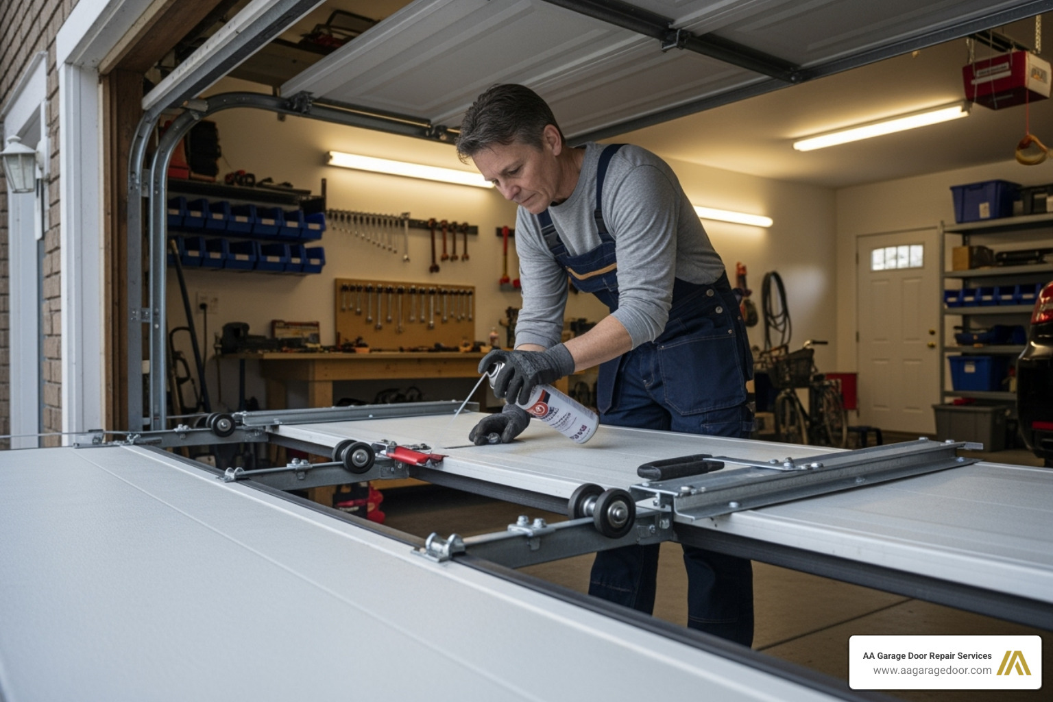 homeowner lubricating garage door rollers - garage door repair baldwin wi homeowner lubricating garage door rollers - garage door repair baldwin wi