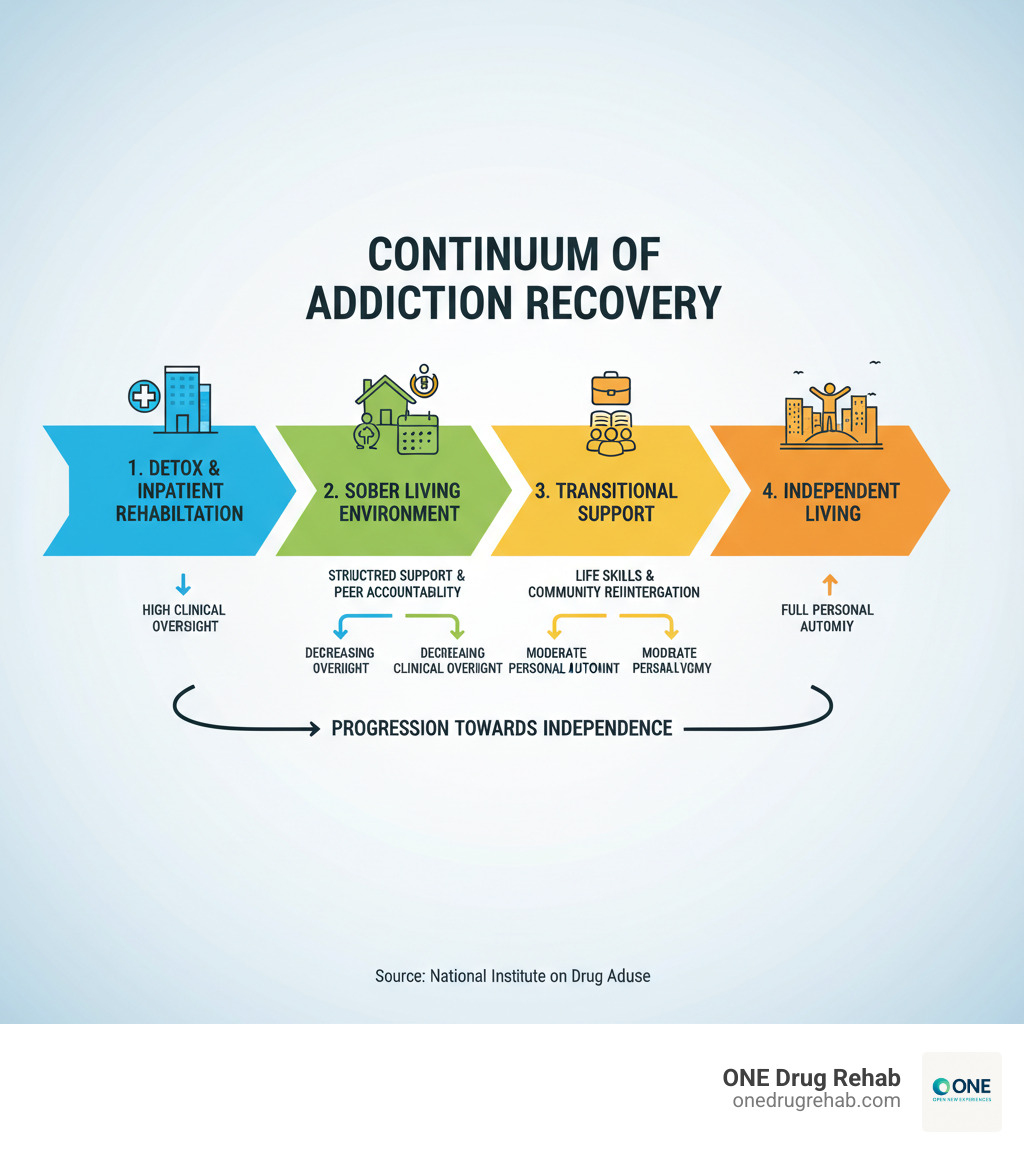 Infographic showing the continuum of care in addiction recovery, starting with detox and inpatient rehabilitation, transitioning through sober living environments with structured support and peer accountability, and ending with independent living in mainstream society. The infographic shows decreasing levels of clinical oversight and increasing personal autonomy across each stage. - Sober living environment infographic 