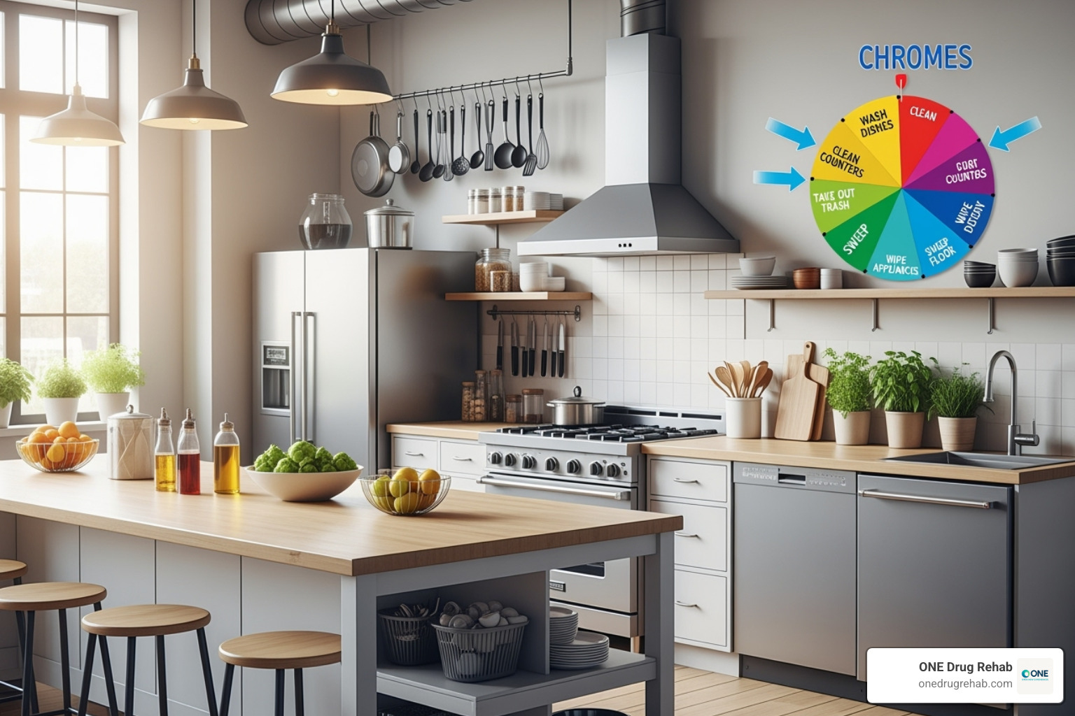 A shared kitchen space with a chore wheel on the wall - Sober living environment