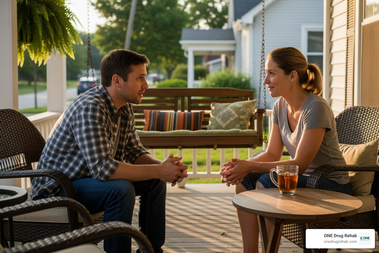 Two residents having a supportive conversation on a porch - Sober living environment