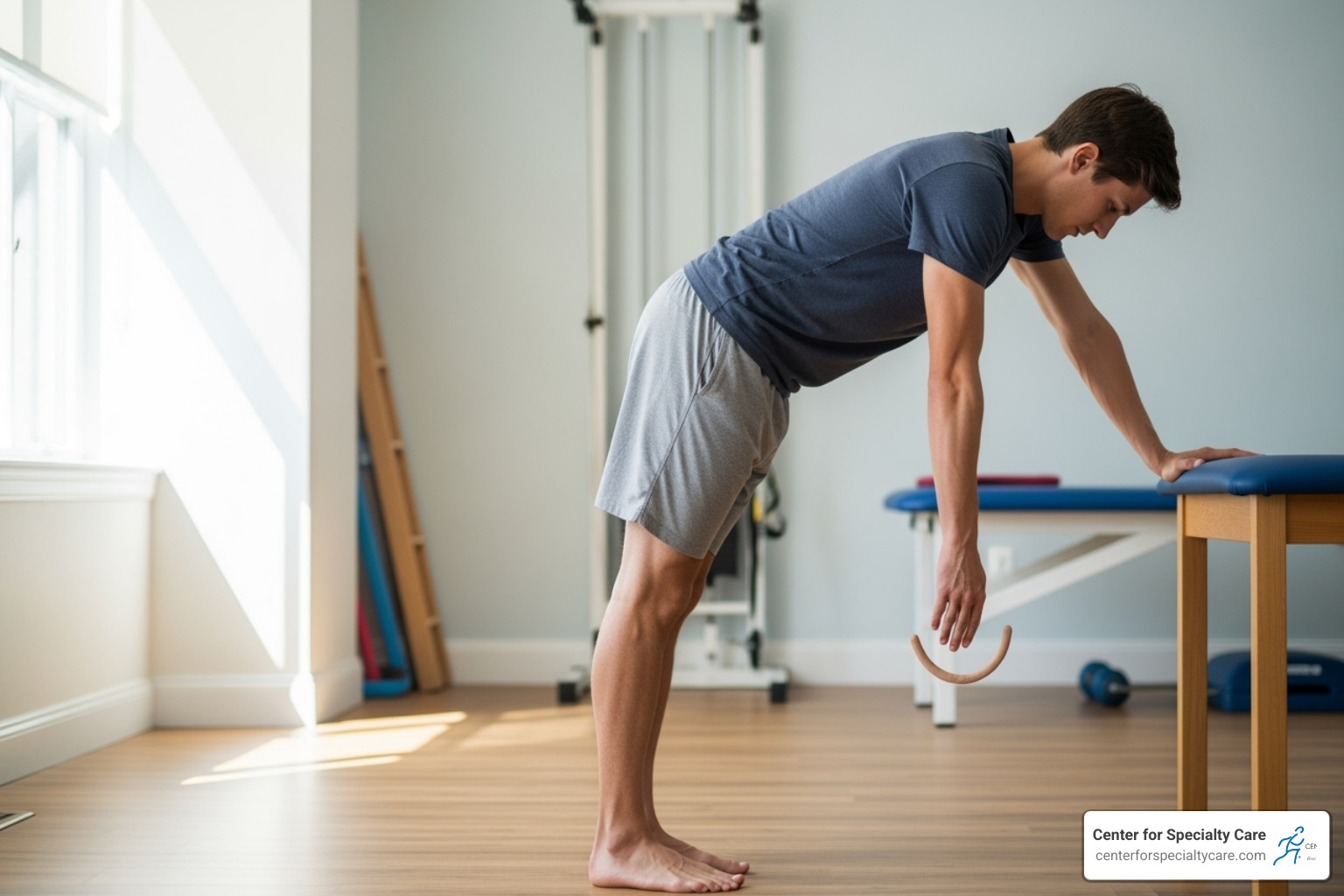 Person performing pendulum stretch - Rotator cuff pain clinic