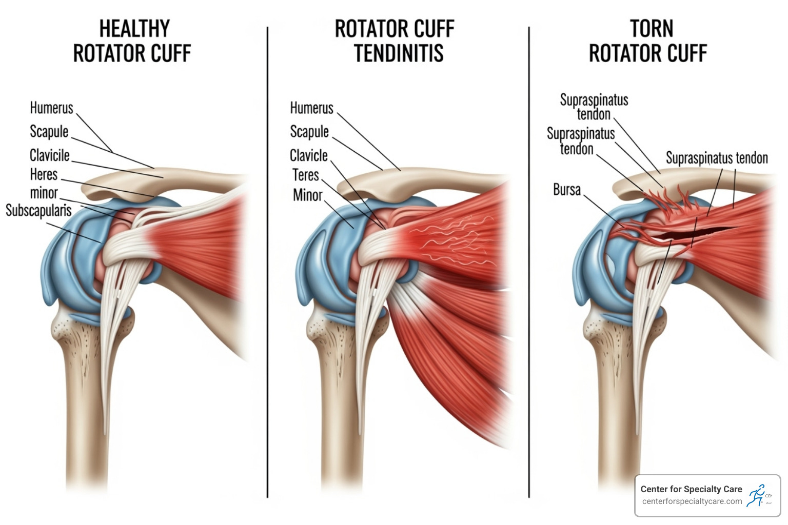 illustrating the difference between a healthy rotator cuff, tendinitis, and a tear - Rotator cuff pain clinic